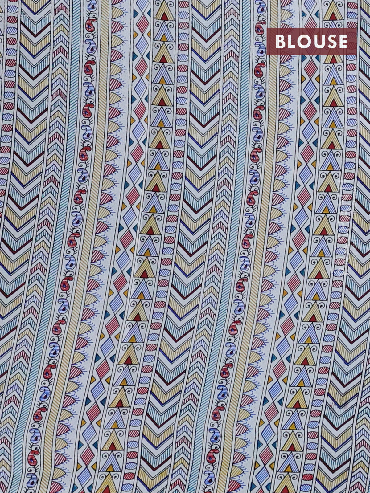 Pochampally silk saree cs blue and cream with allover ikat woven buttas and madhubani prints - Image 4