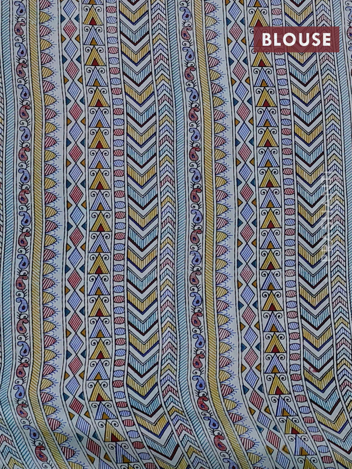Pochampally silk saree cs blue and cream with allover ikat woven buttas and madhubani prints - Image 4