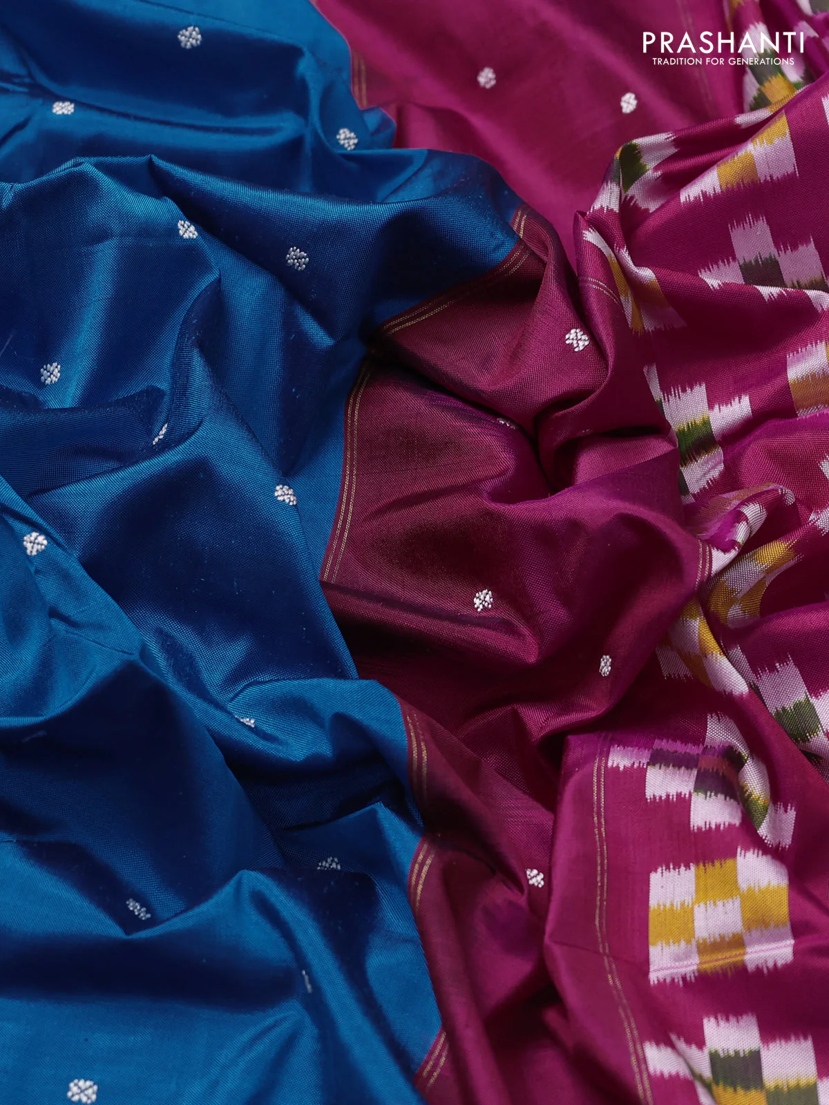 Pochampally silk saree cs blue and pink with allover thread woven buttas and zari woven ikat border - Image 3