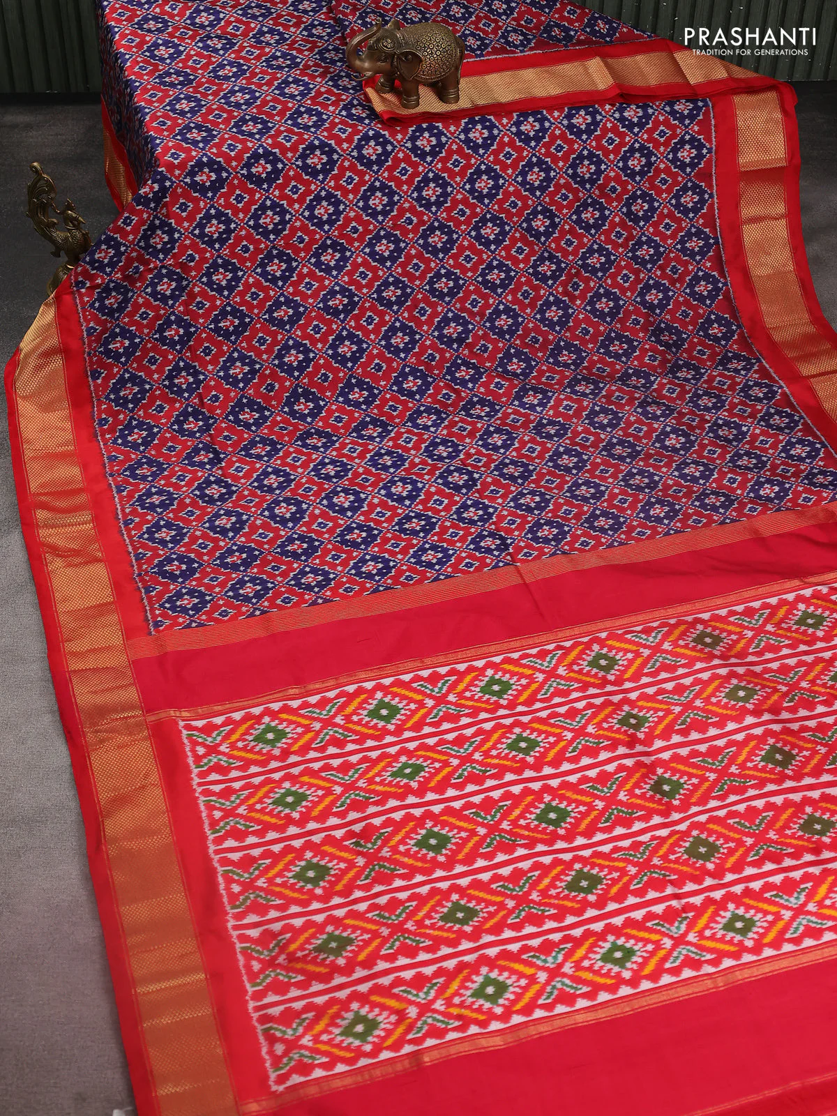 Pochampally silk saree dark blue and red with allover ikat weaves and zari woven border - Image 2