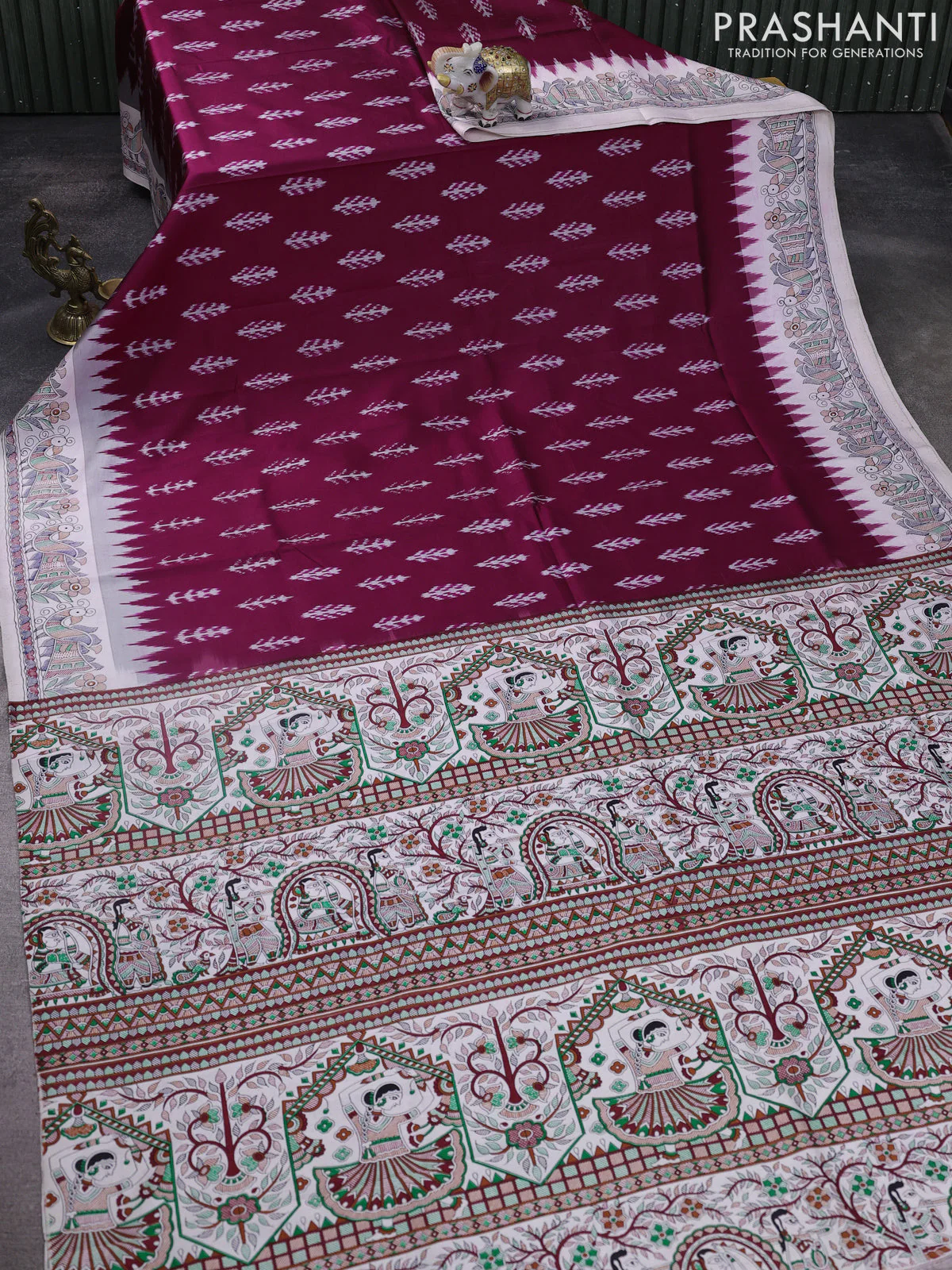 Pochampally silk saree dark magenta pink and cream with allover ikat woven buttas and madhubani prints - Image 2