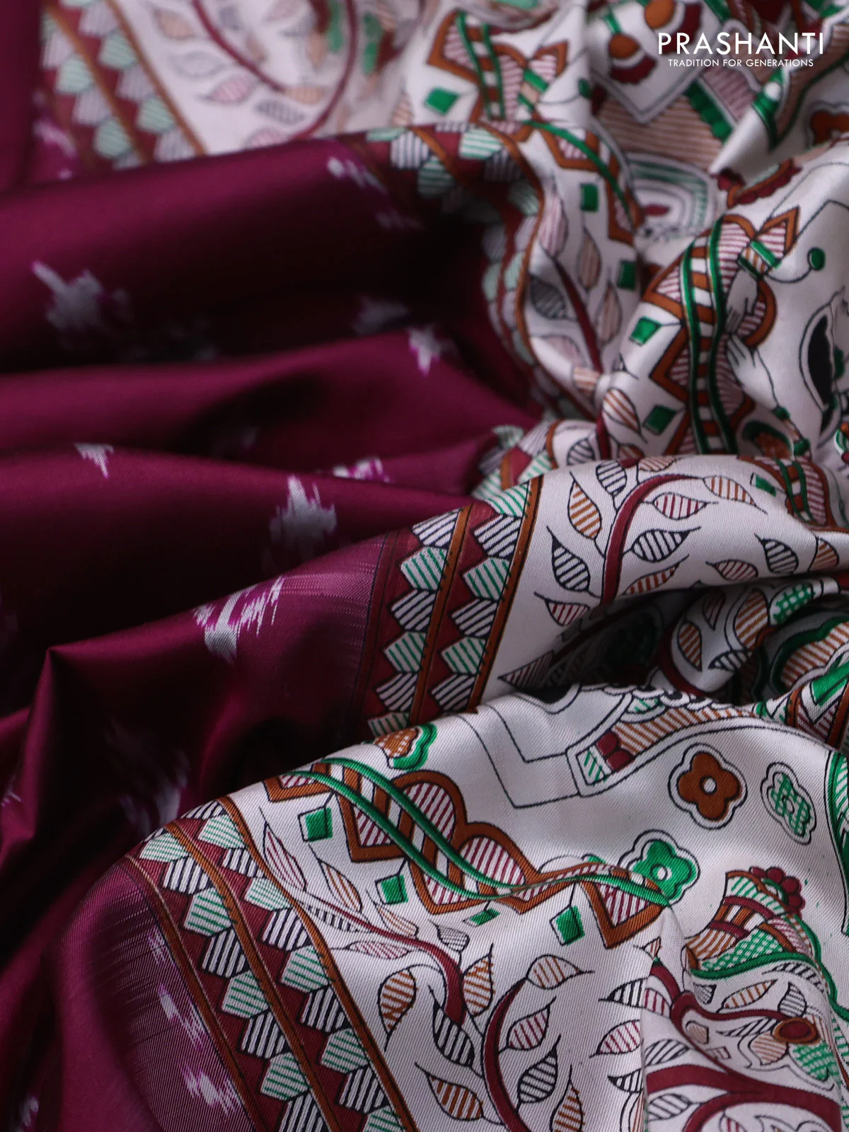 Pochampally silk saree dark magenta pink and cream with allover ikat woven buttas and madhubani prints - Image 3