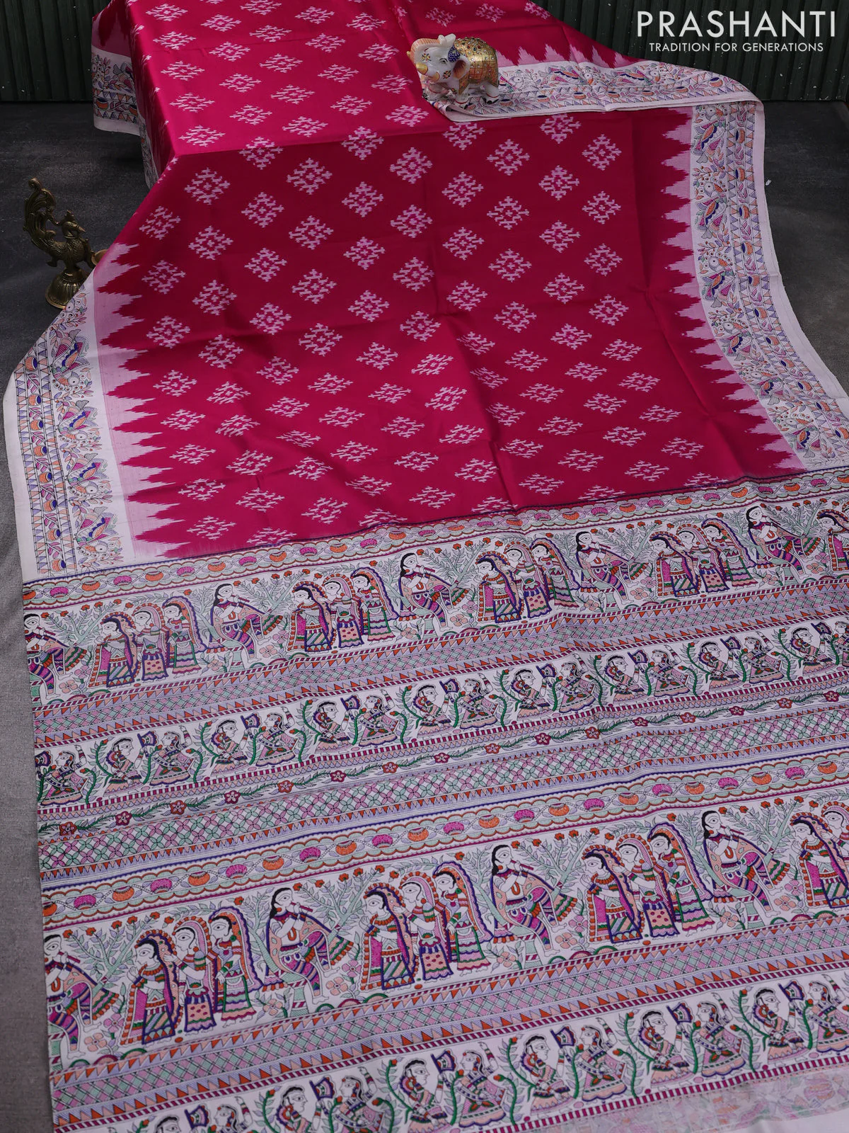 Pochampally silk saree dark pink and cream with allover ikat woven buttas and madhubani prints - Image 2
