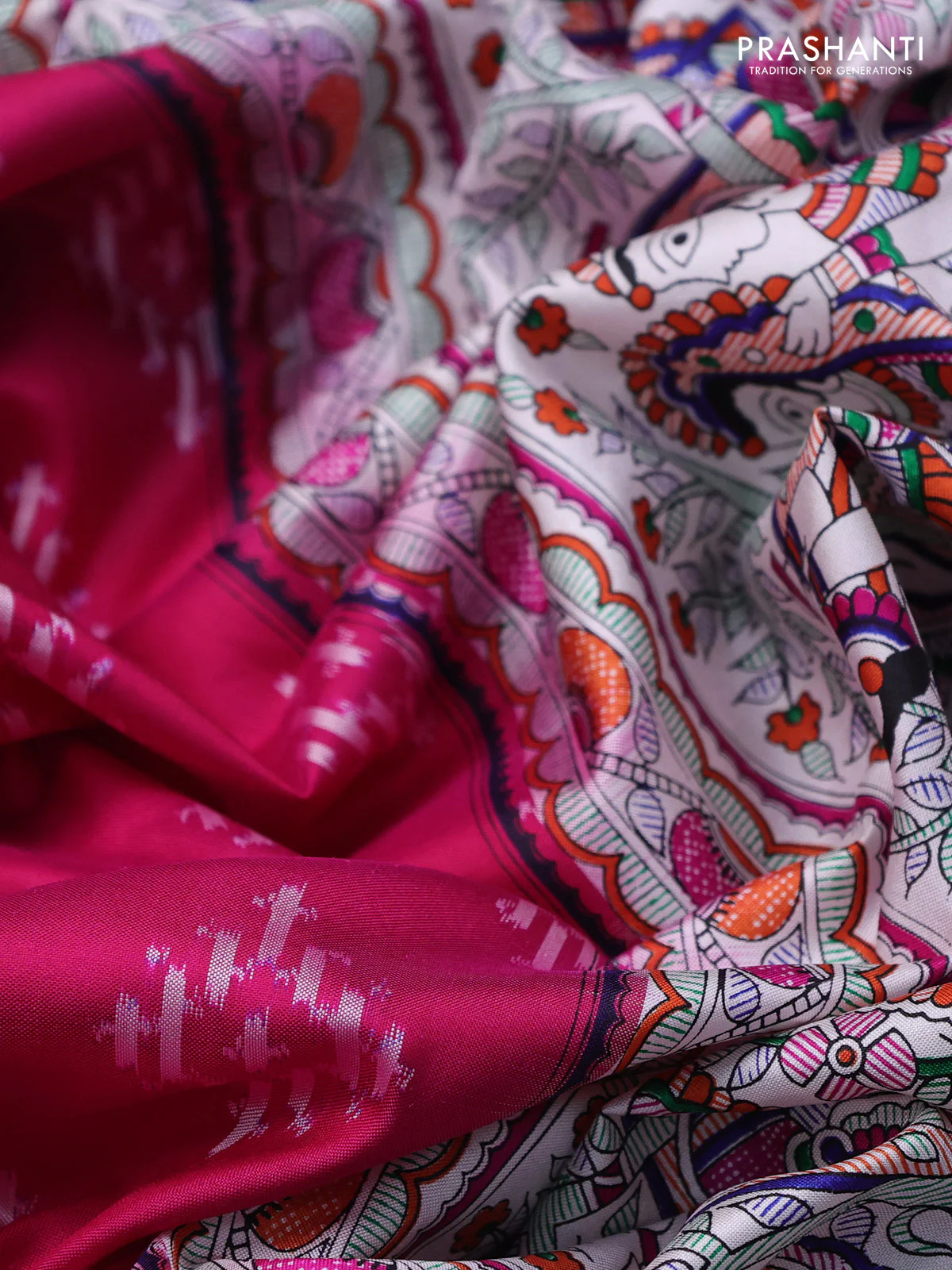 Pochampally silk saree dark pink and cream with allover ikat woven buttas and madhubani prints - Image 3