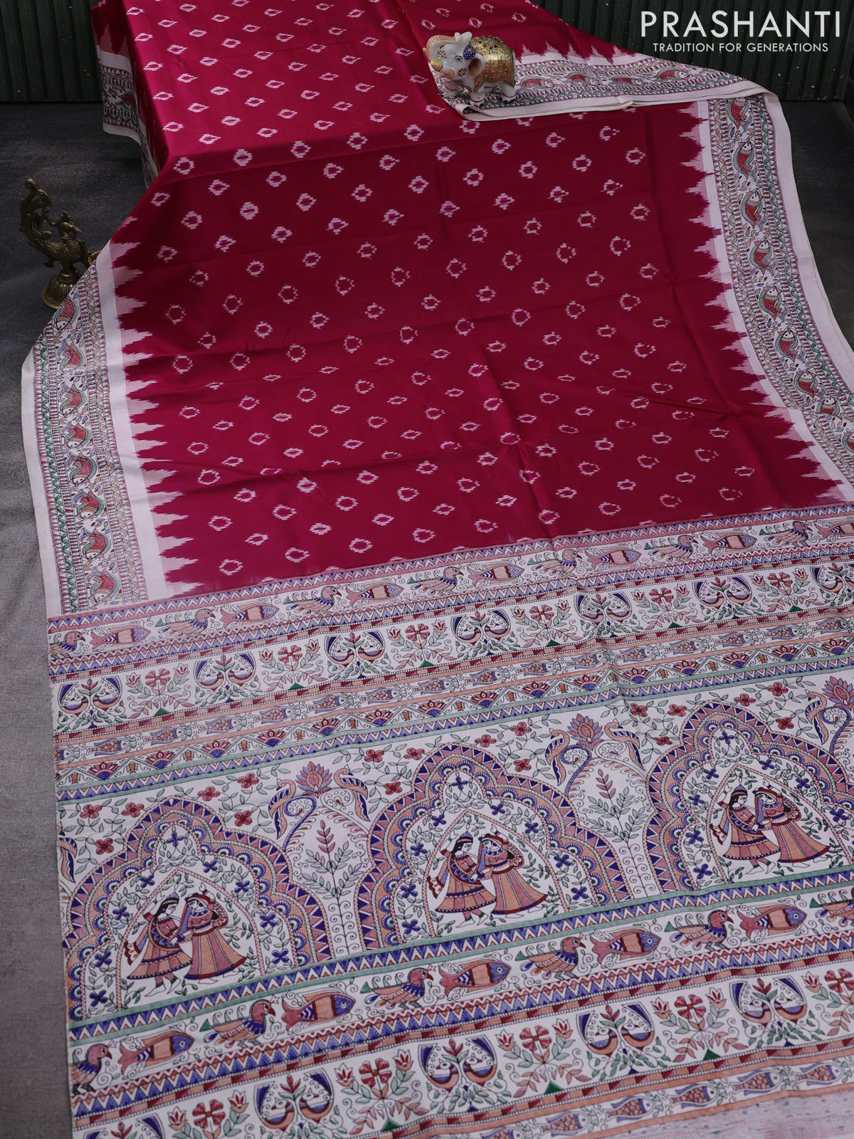 Pochampally silk saree dark pink and cream with allover ikat woven buttas and madhubani prints - Image 2