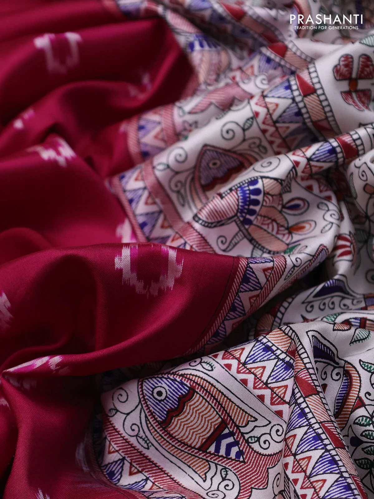 Pochampally silk saree dark pink and cream with allover ikat woven buttas and madhubani prints - Image 3