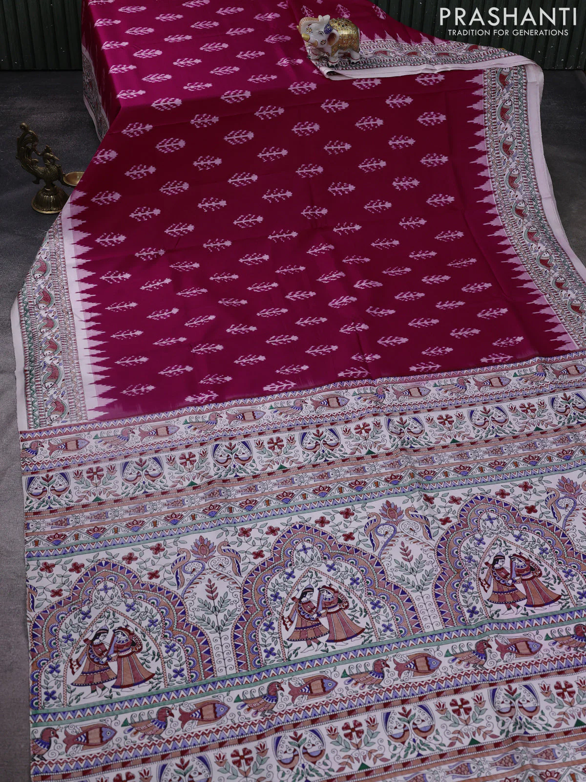 Pochampally silk saree dark pink and cream with allover ikat woven buttas and madhubani prints - Image 2