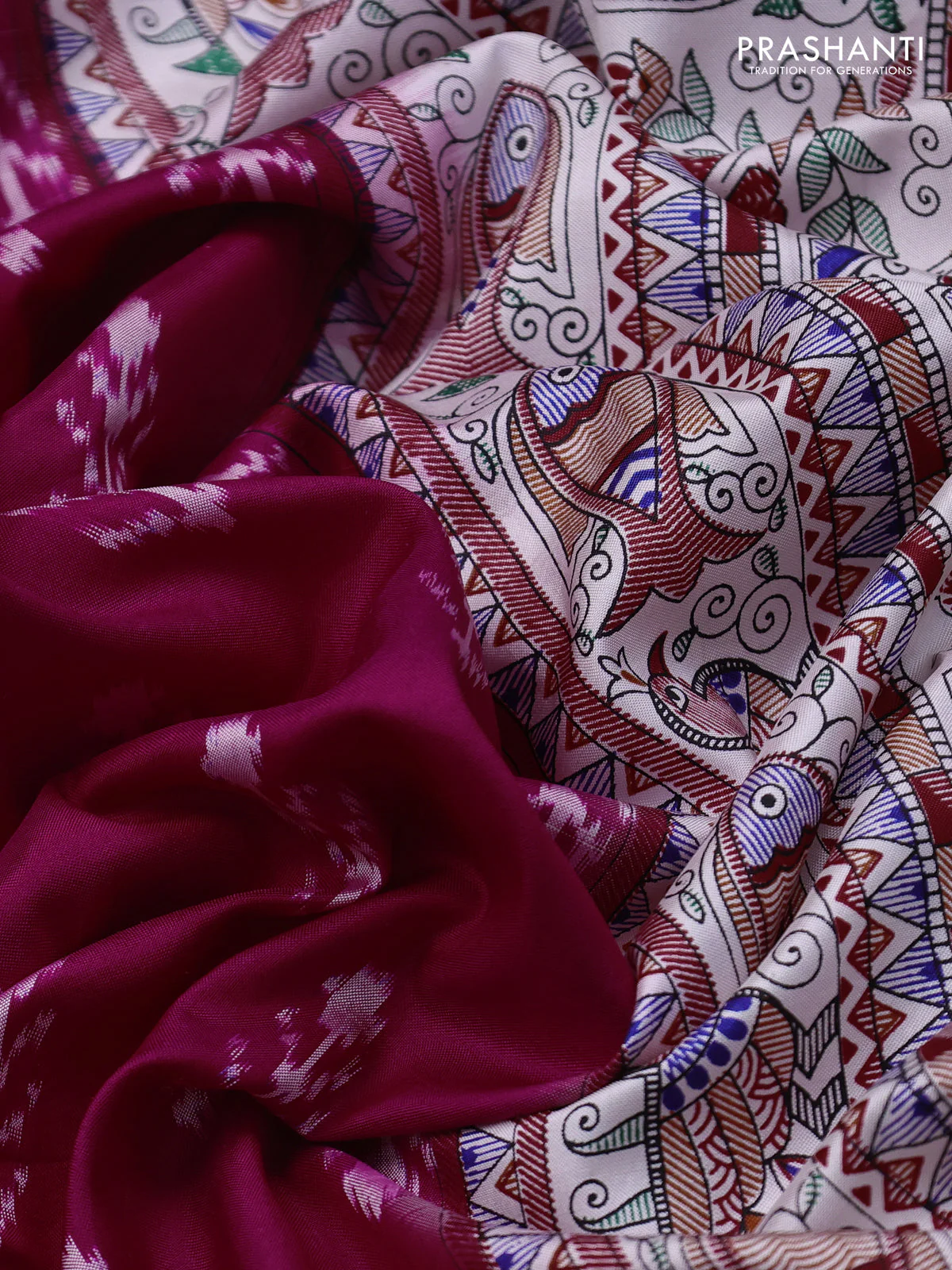Pochampally silk saree dark pink and cream with allover ikat woven buttas and madhubani prints - Image 3