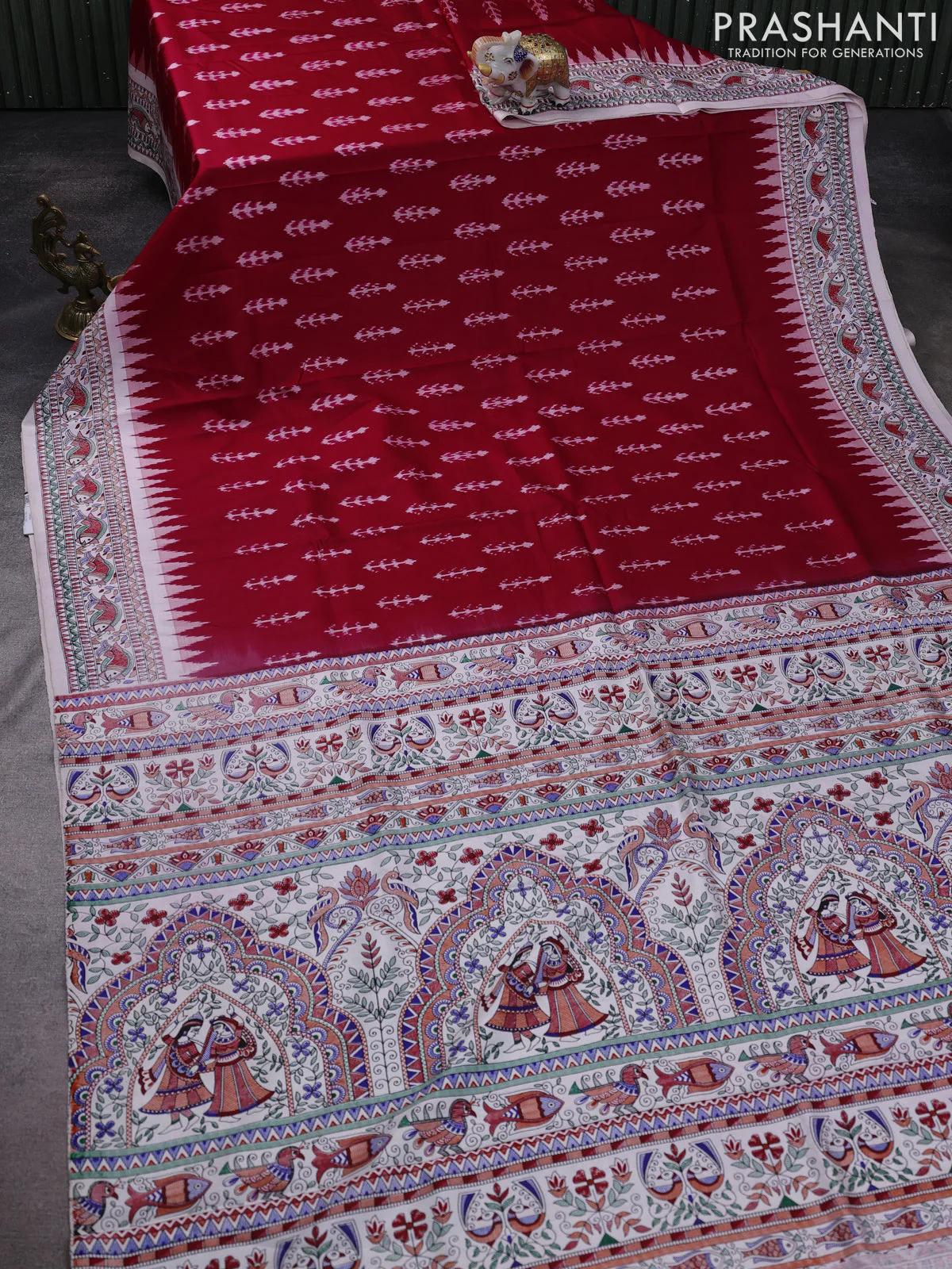 Pochampally silk saree dark pink and cream with allover ikat woven buttas and madhubani prints - Image 2