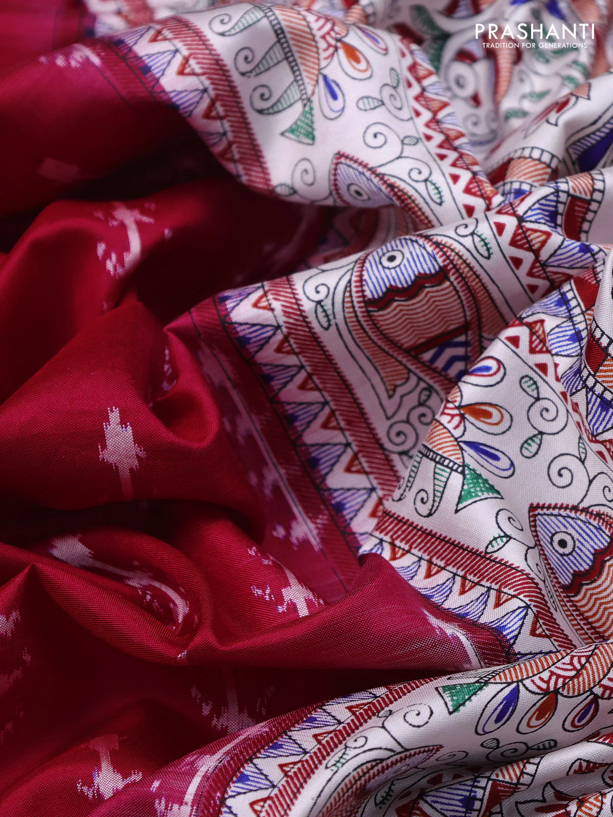 Pochampally silk saree dark pink and cream with allover ikat woven buttas and madhubani prints - Image 3