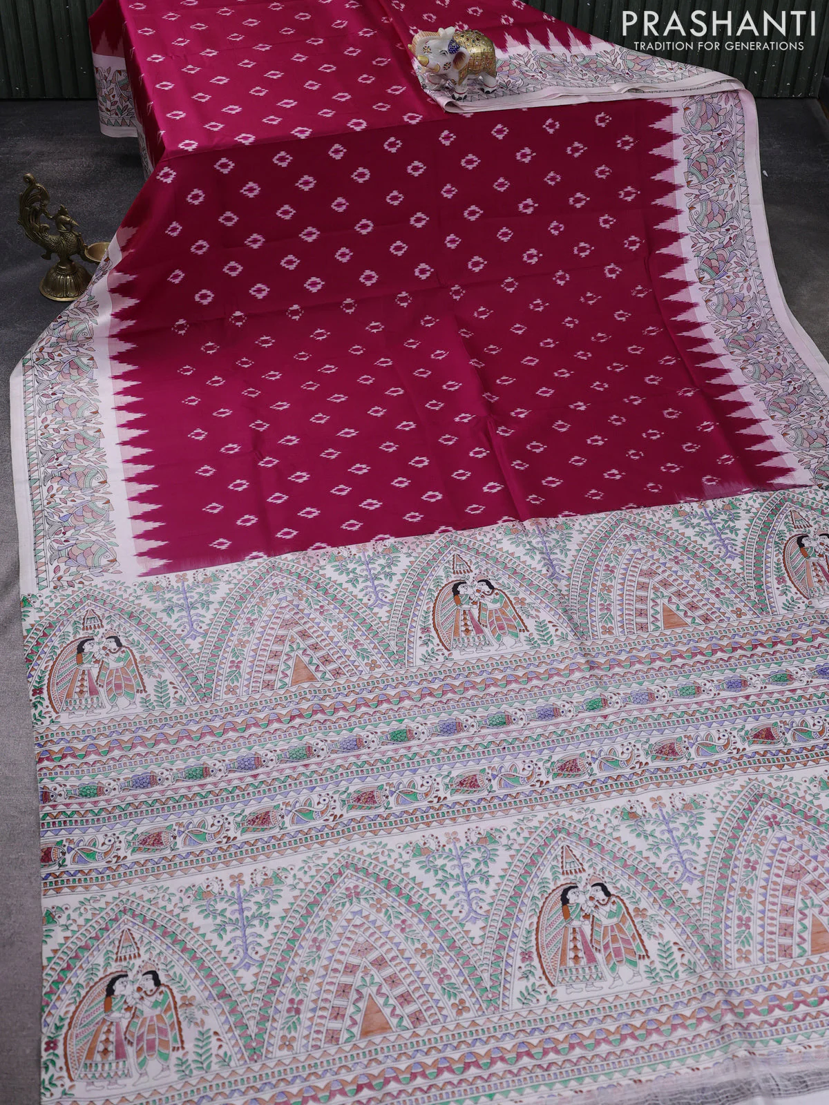 Pochampally silk saree dark pink and cream with allover ikat woven buttas and madhubani prints - Image 2