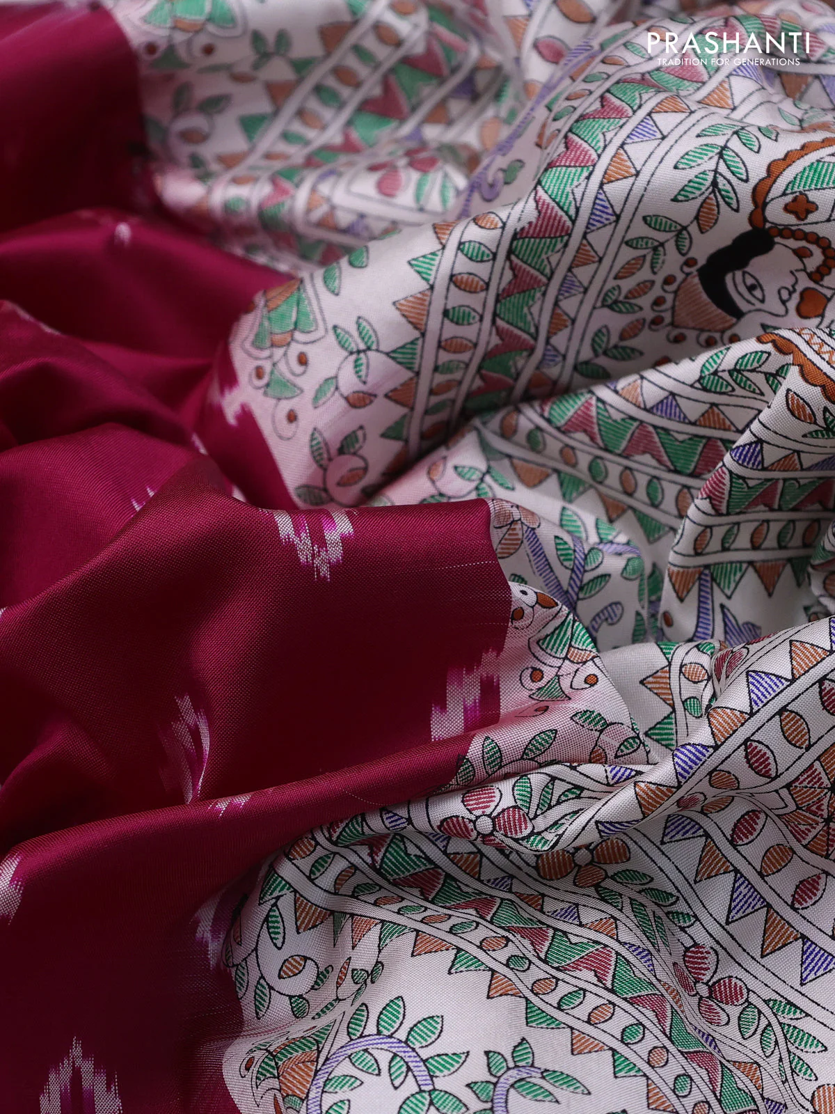 Pochampally silk saree dark pink and cream with allover ikat woven buttas and madhubani prints - Image 3