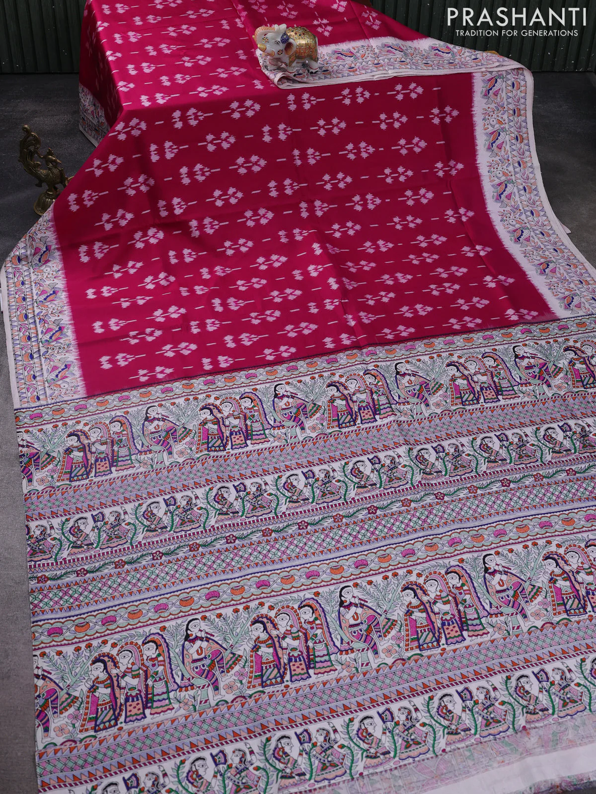 Pochampally silk saree dark pink and off white with allover ikat weaves and madhubani prints - Image 2