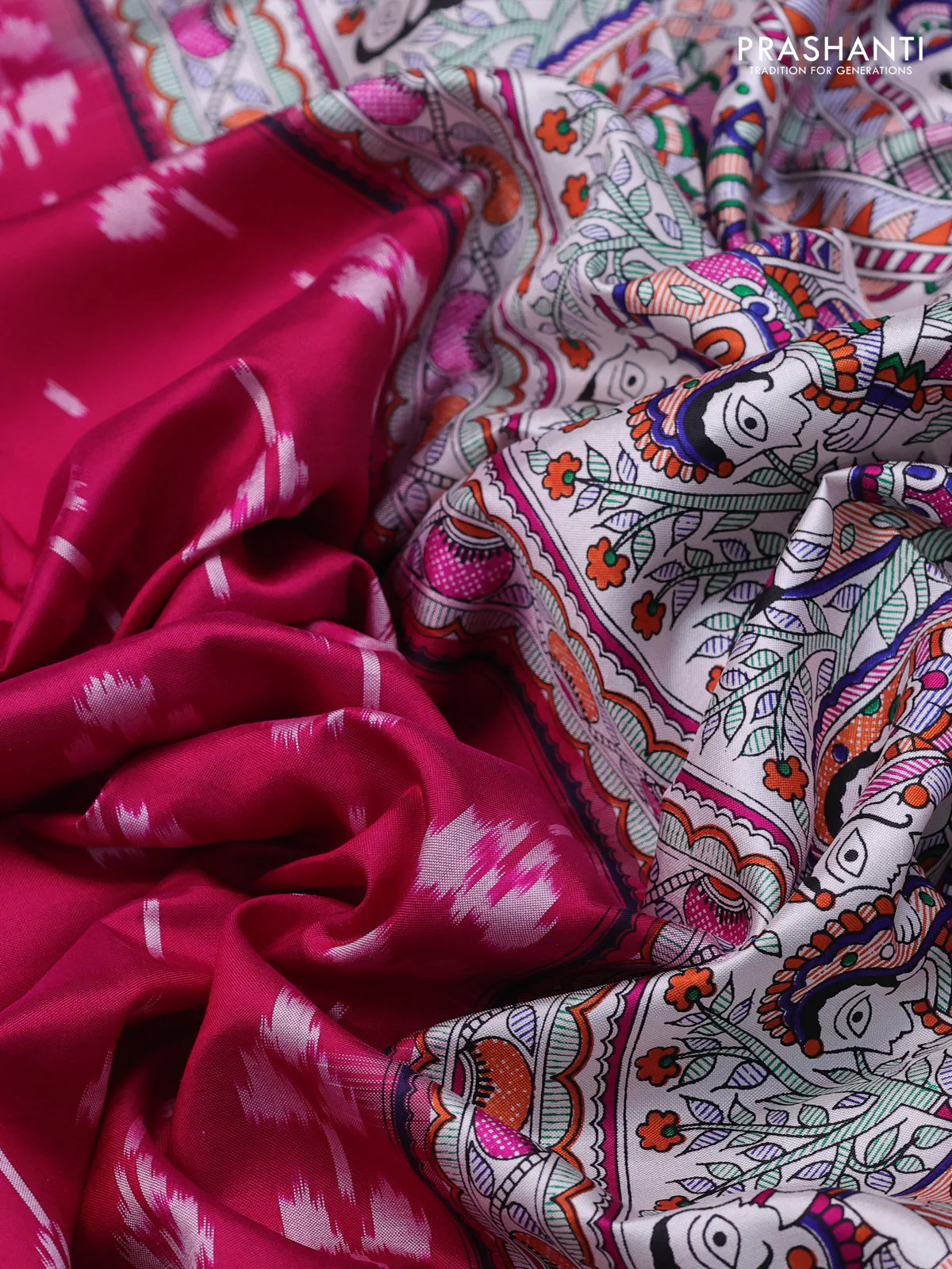 Pochampally silk saree dark pink and off white with allover ikat weaves and madhubani prints - Image 3