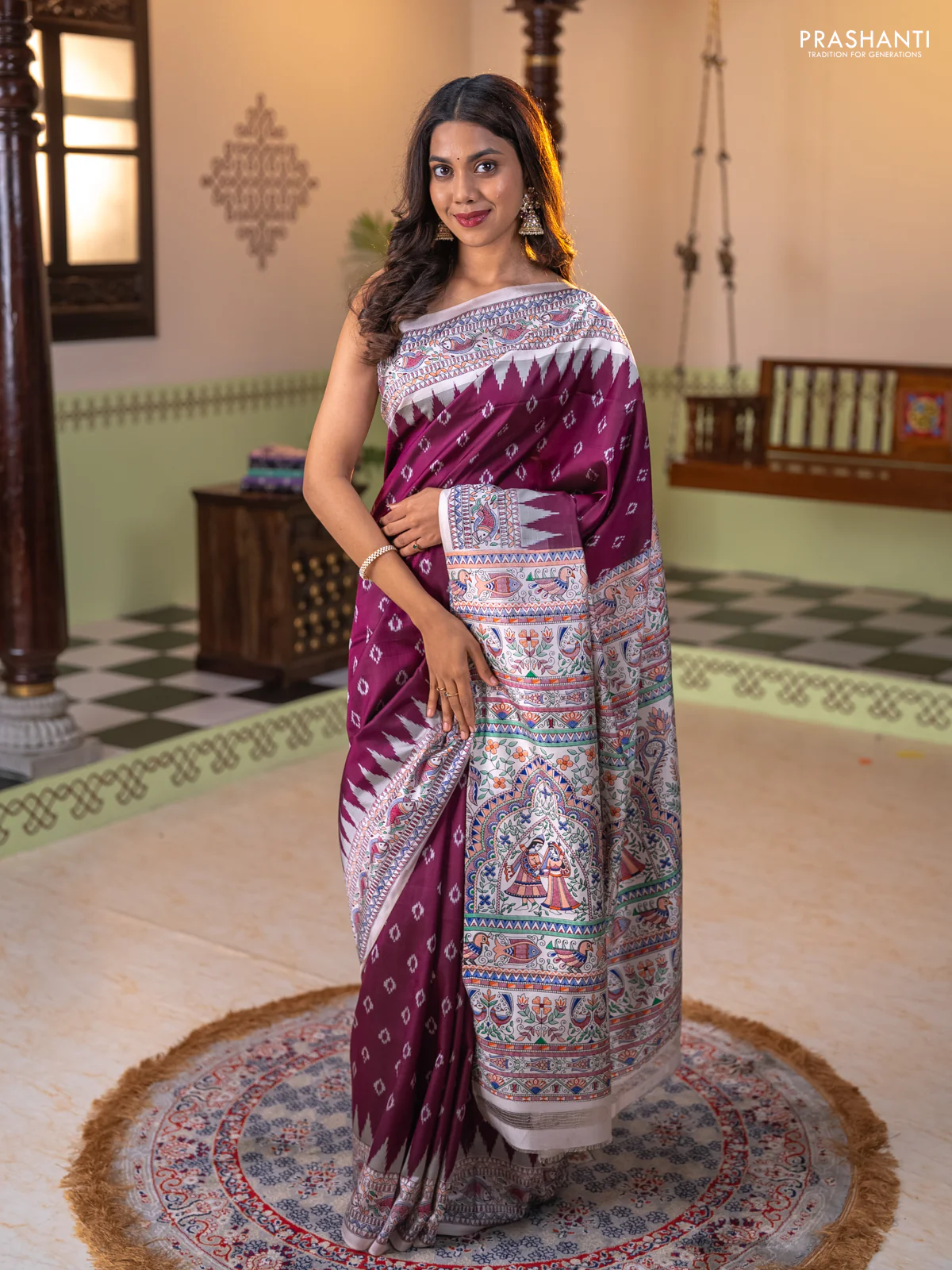 Pochampally silk saree deep maroon and cream with allover ikat woven buttas and madhubani prints