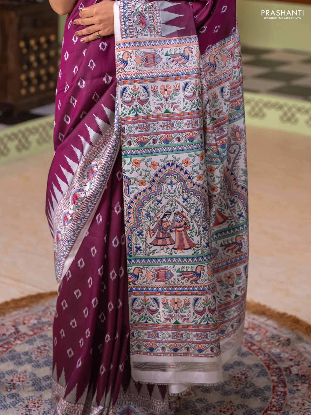 Pochampally silk saree deep maroon and cream with allover ikat woven buttas and madhubani prints - Image 2