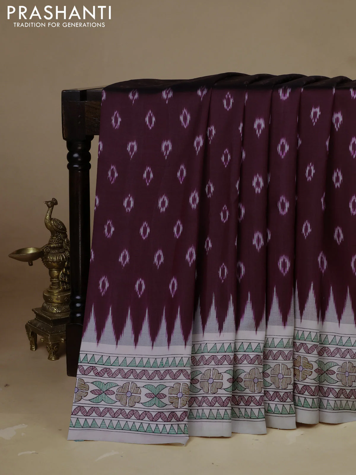 Pochampally silk saree deep maroon and cream with allover ikat woven buttas and madhubani prints - Image 3