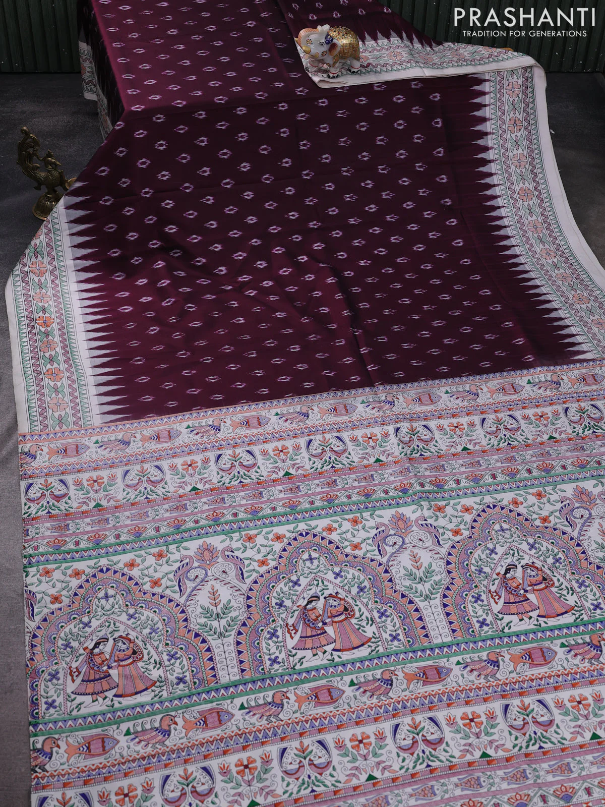 Pochampally silk saree deep maroon and cream with allover ikat woven buttas and madhubani prints - Image 4