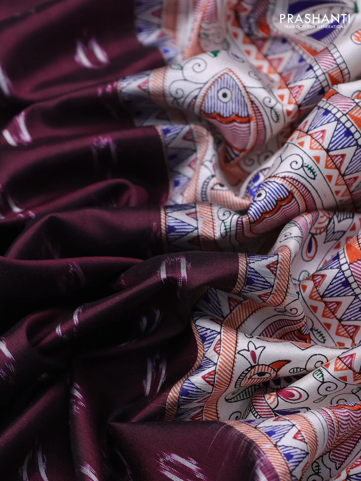 Pochampally silk saree deep maroon and cream with allover ikat woven buttas and madhubani prints - Image 5