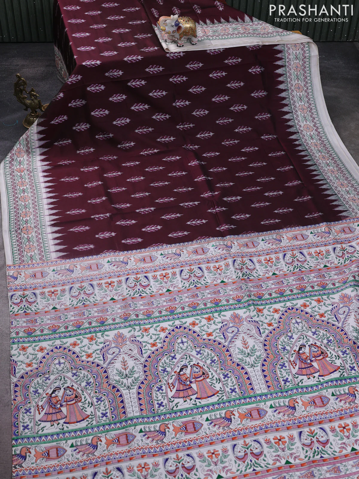 Pochampally silk saree deep maroon and cream with allover ikat woven buttas and madhubani prints - Image 2