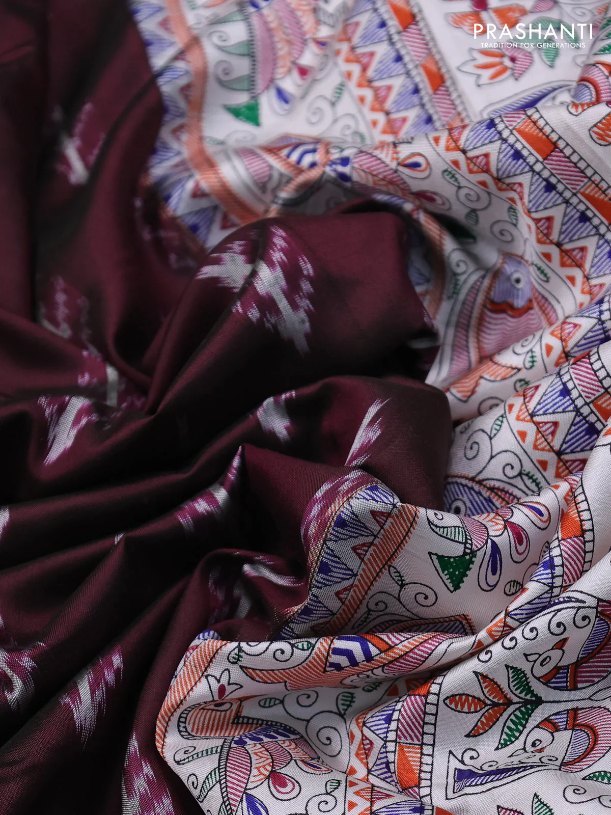 Pochampally silk saree deep maroon and cream with allover ikat woven buttas and madhubani prints - Image 3
