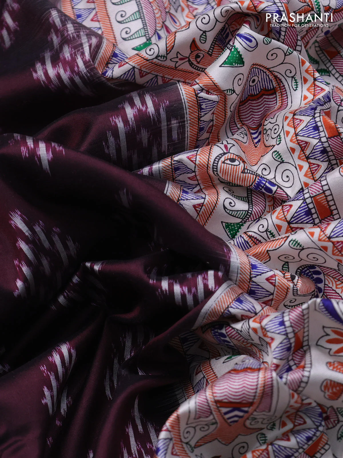 Pochampally silk saree deep maroon and off white with allover ikat woven buttas and madhubani prints - Image 3