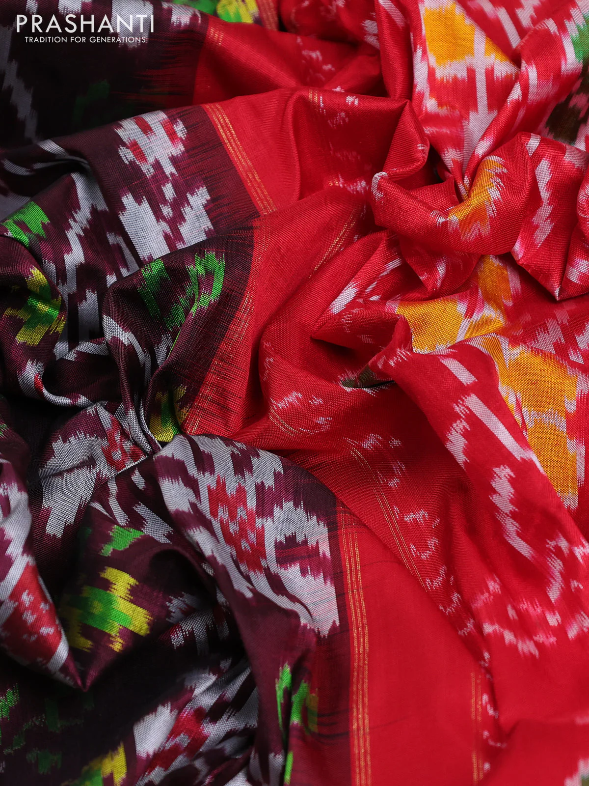 Pochampally silk saree deep maroon and red with allover ikat prints and zari woven border - Image 3
