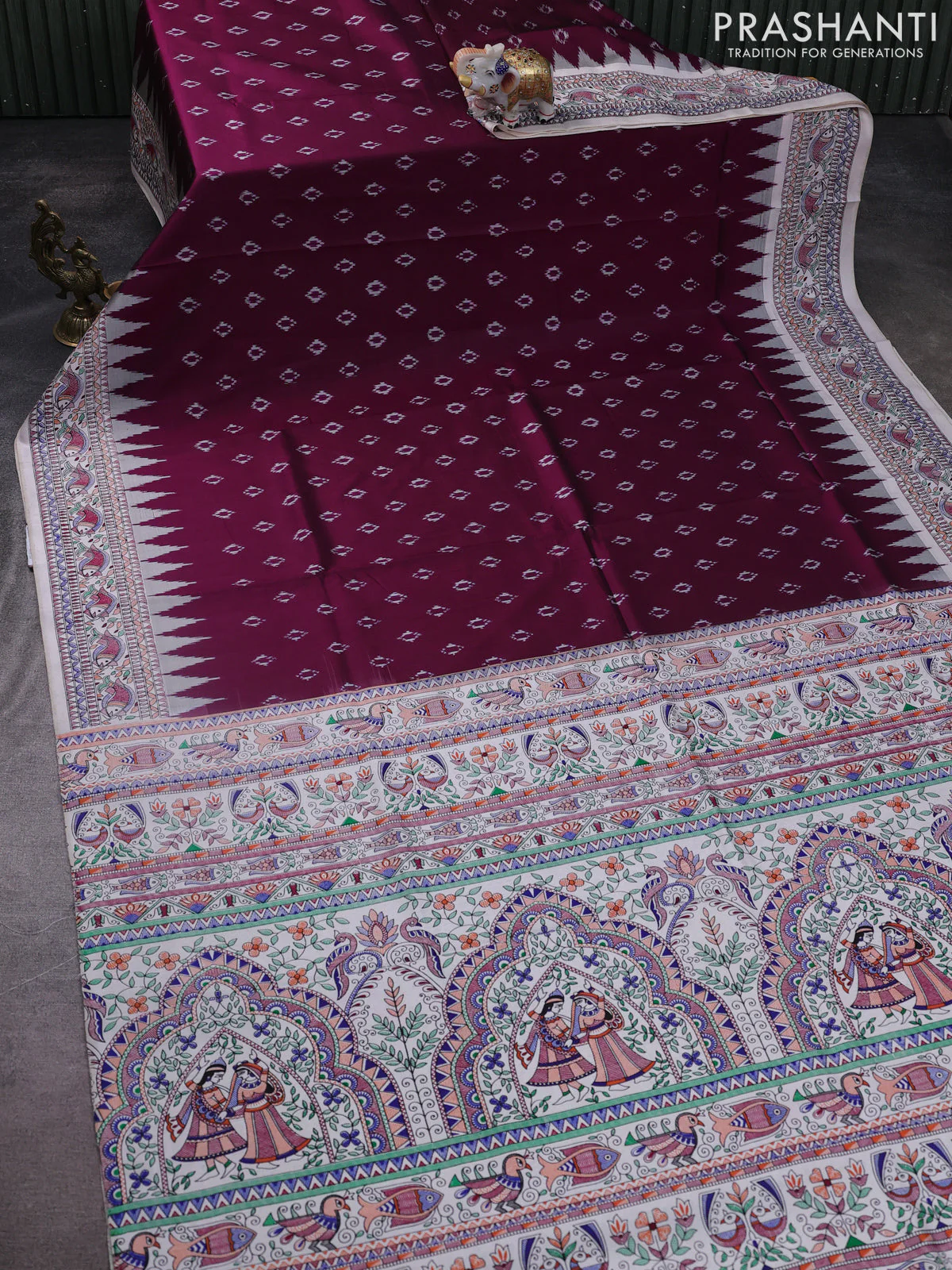 Pochampally silk saree deep purple and cream with allover ikat woven buttas and madhubani prints - Image 2