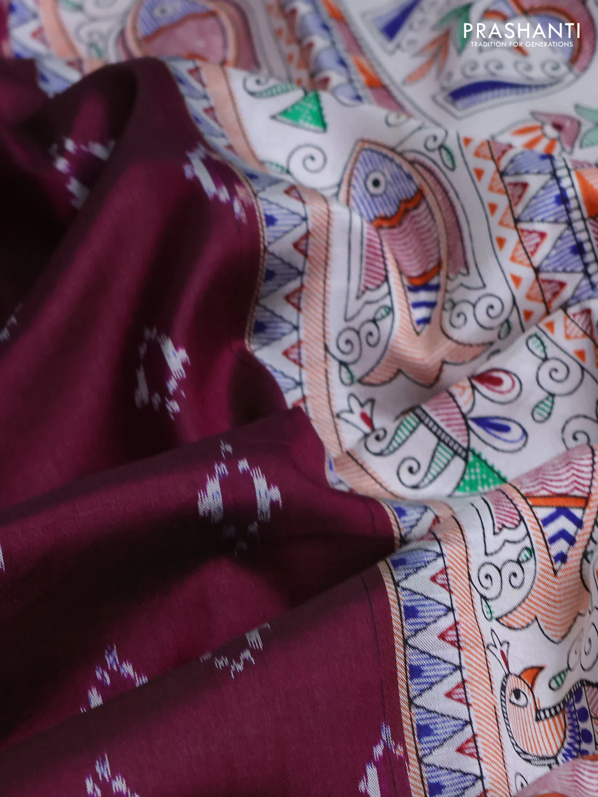 Pochampally silk saree deep purple and cream with allover ikat woven buttas and madhubani prints - Image 3