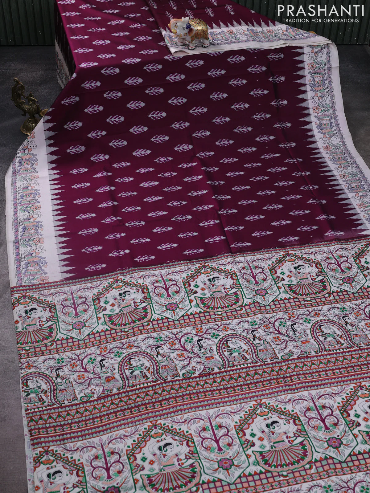 Pochampally silk saree deep purple and cream with allover ikat woven buttas and madhubani prints - Image 2