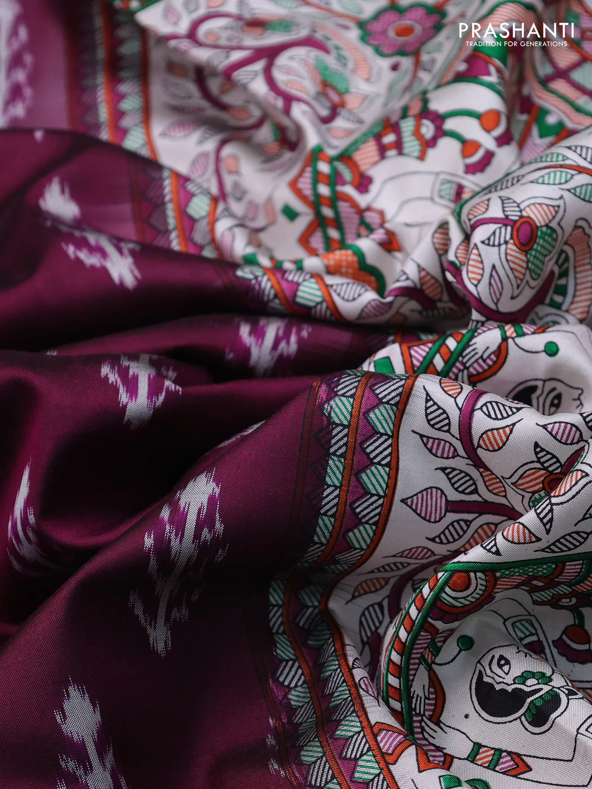 Pochampally silk saree deep purple and cream with allover ikat woven buttas and madhubani prints - Image 3