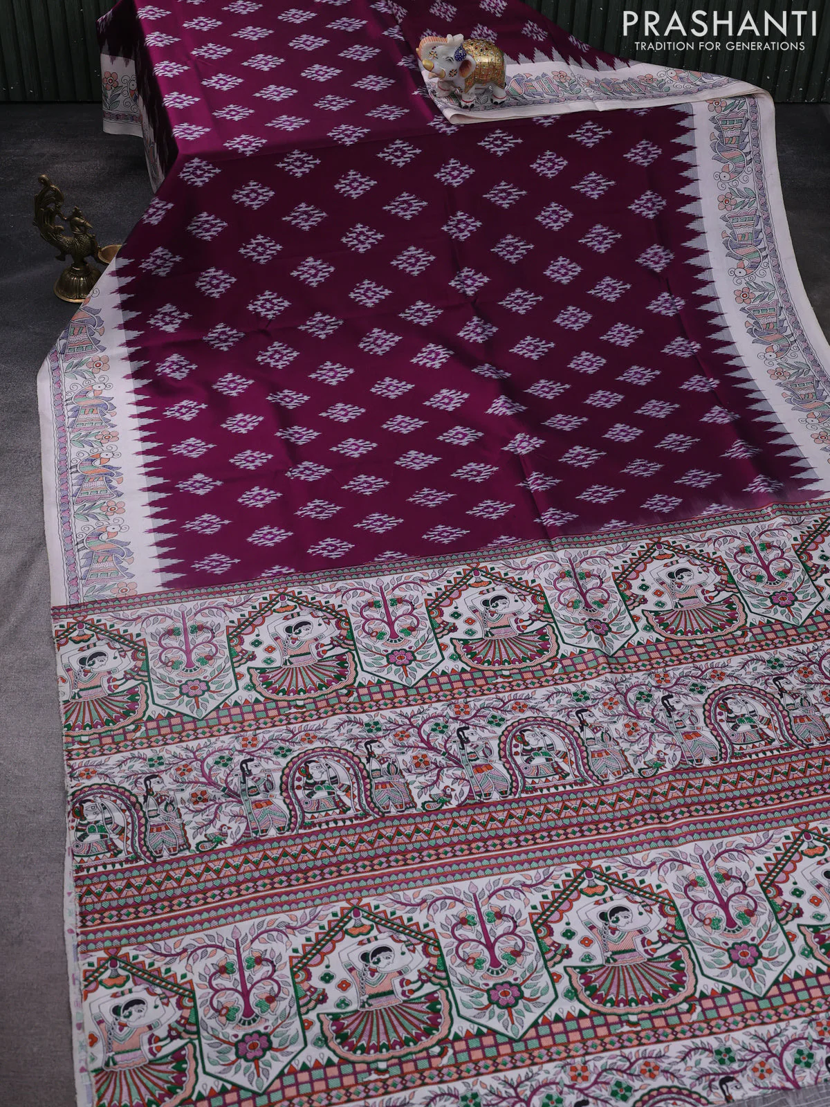 Pochampally silk saree deep purple and cream with allover ikat woven buttas and madhubani prints - Image 2