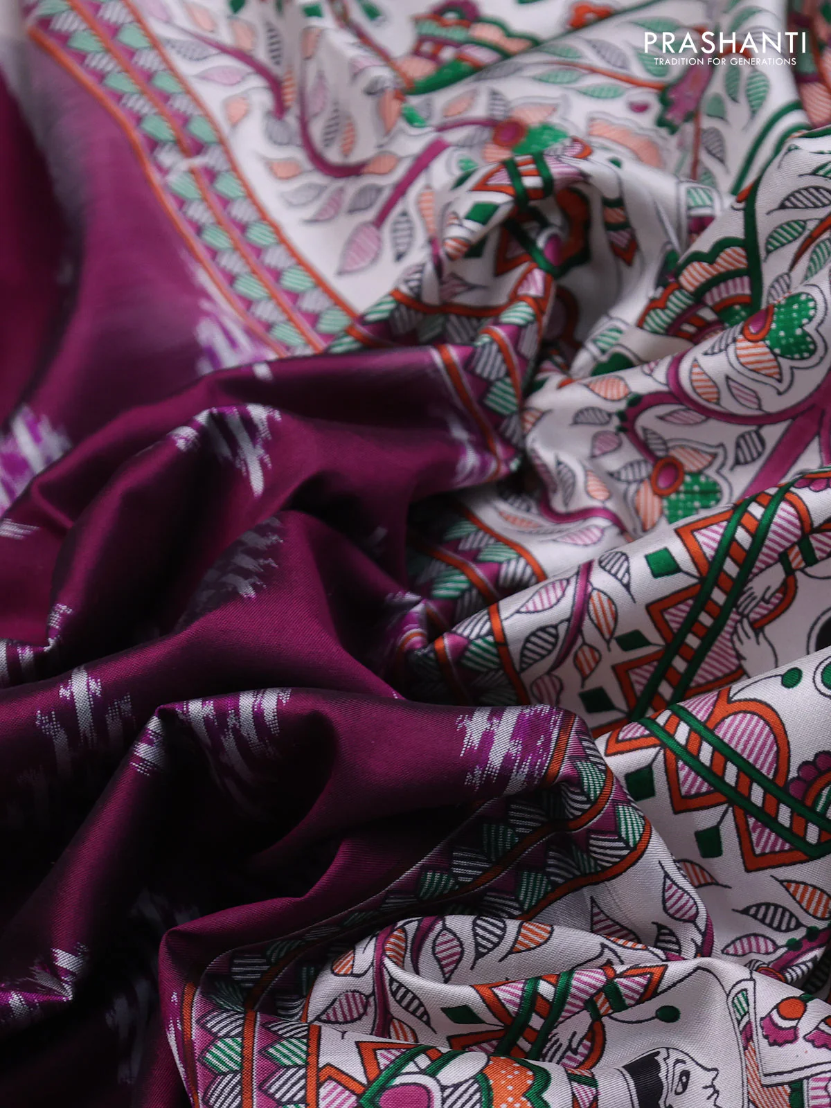 Pochampally silk saree deep purple and cream with allover ikat woven buttas and madhubani prints - Image 3