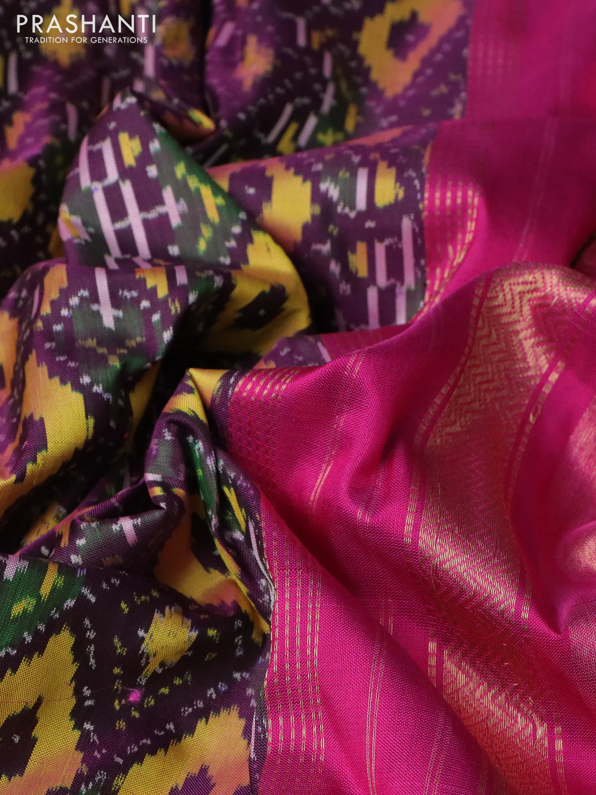 Pochampally silk saree deep purple and pink with allover ikat weaves and long rettapet zari woven border - Image 3