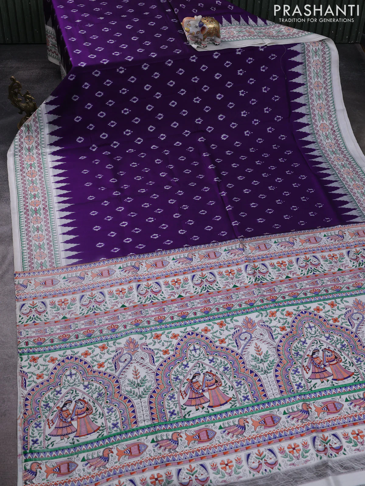 Pochampally silk saree deep violet and cream with allover ikat woven buttas and madhubani prints - Image 2
