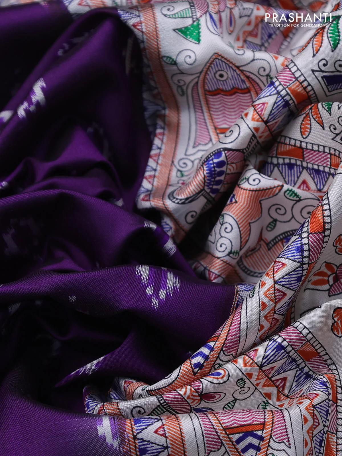 Pochampally silk saree deep violet and cream with allover ikat woven buttas and madhubani prints - Image 3