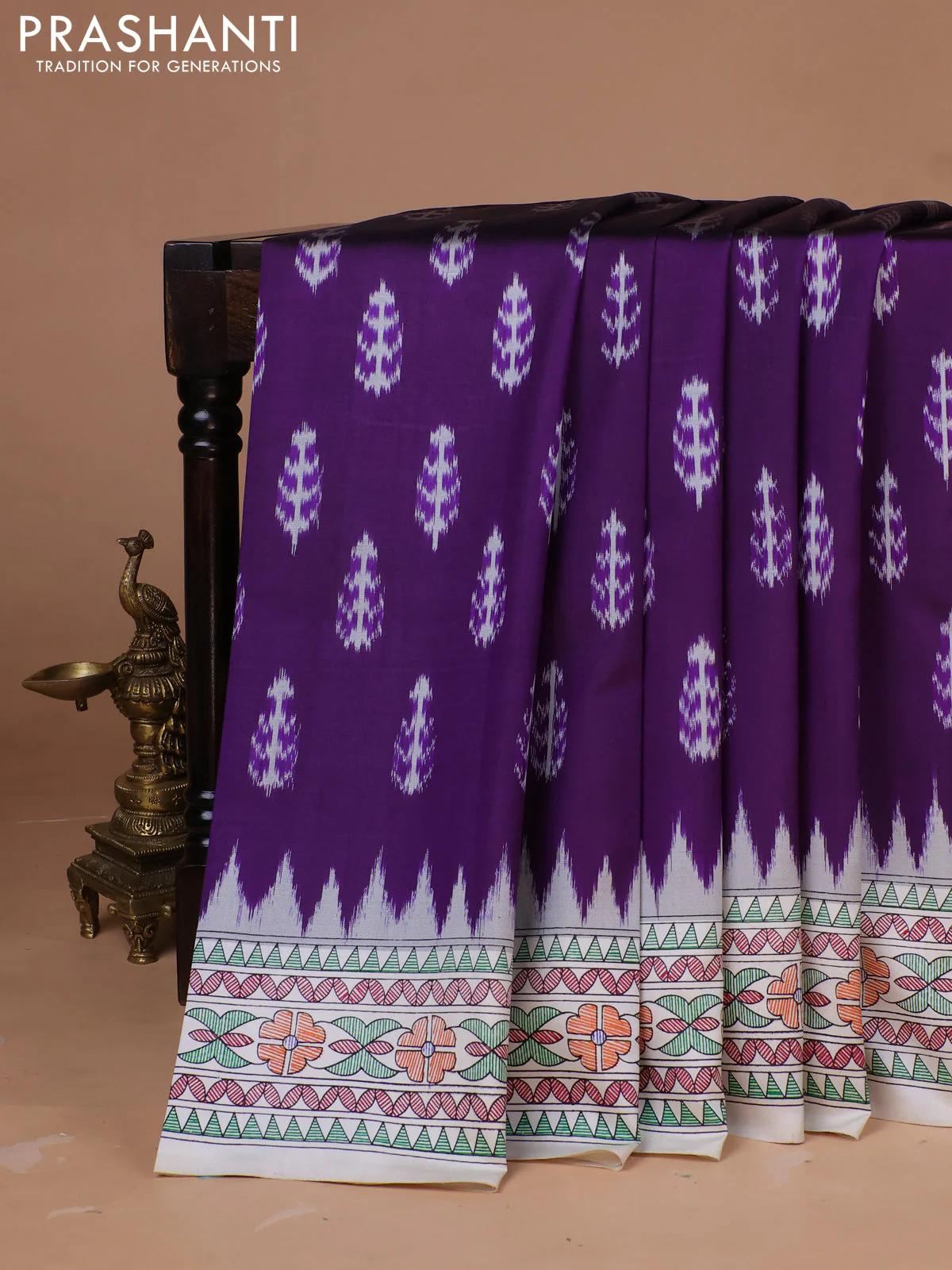Pochampally silk saree deep violet and cream with allover ikat woven buttas and madhubani prints