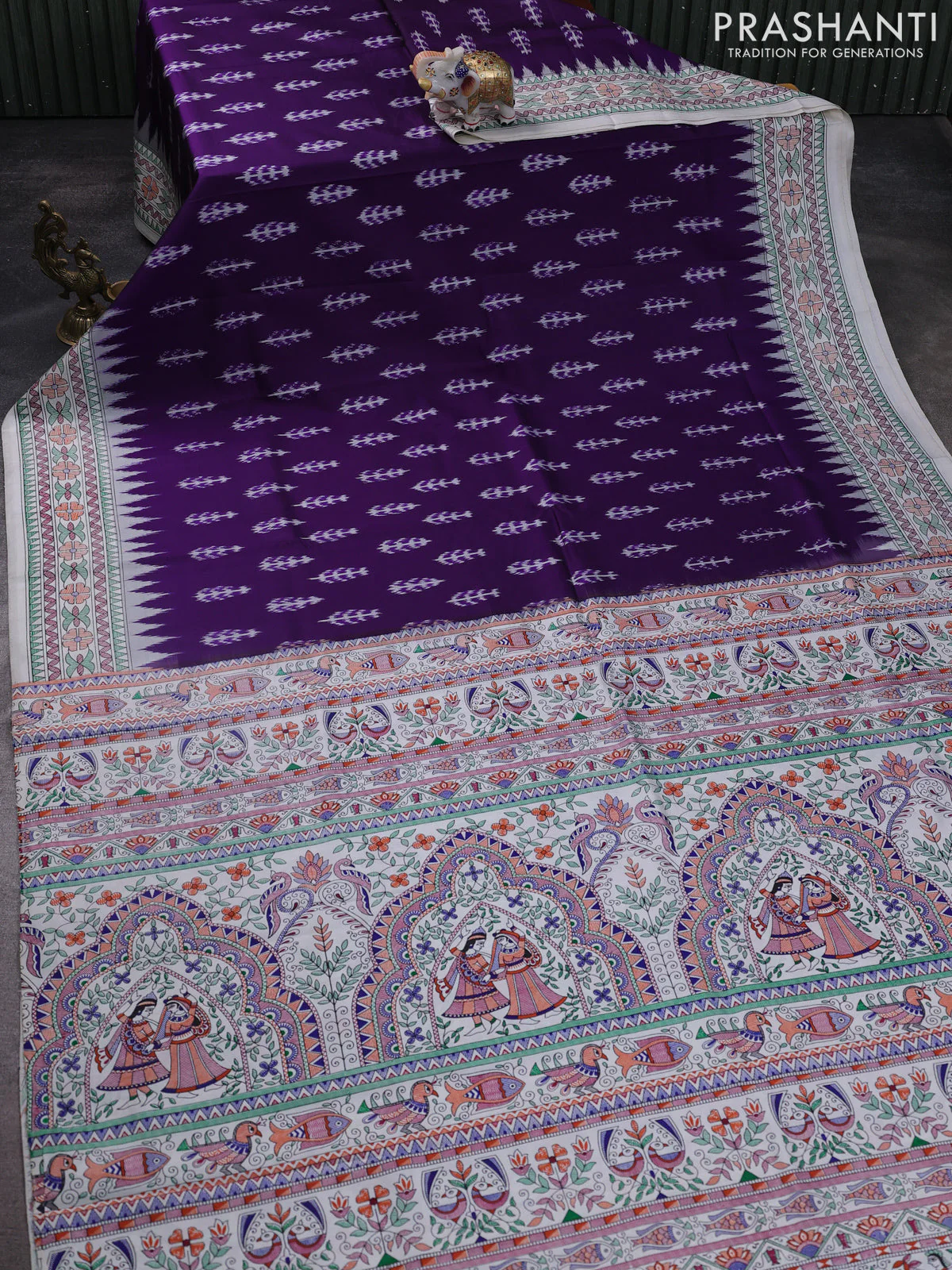 Pochampally silk saree deep violet and cream with allover ikat woven buttas and madhubani prints - Image 2