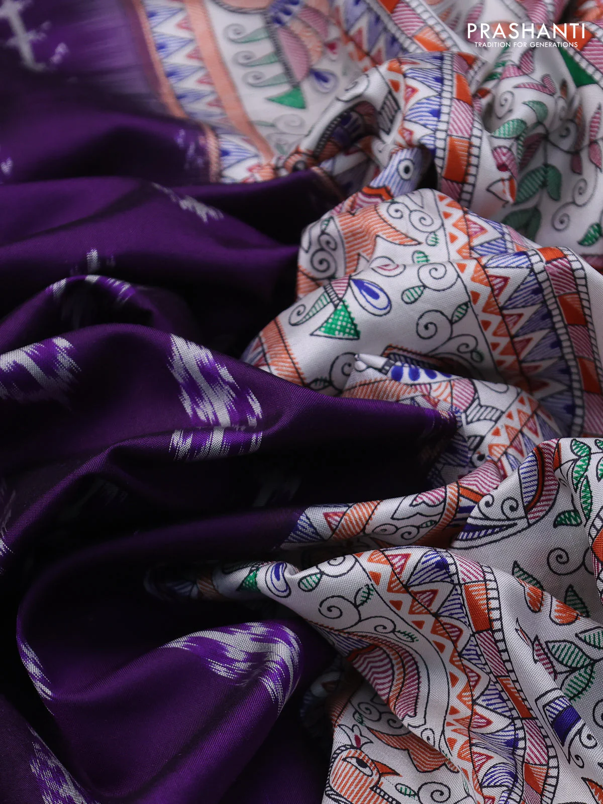 Pochampally silk saree deep violet and cream with allover ikat woven buttas and madhubani prints - Image 3