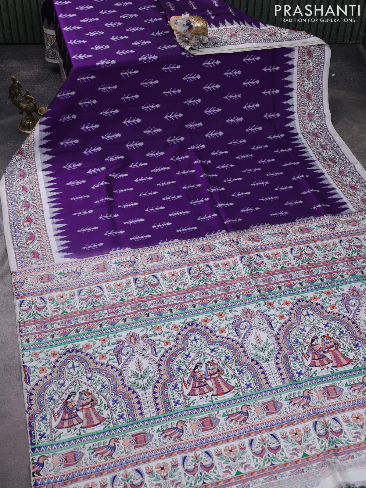 Pochampally silk saree deep violet and cream with allover ikat woven buttas and madhubani prints - Image 2