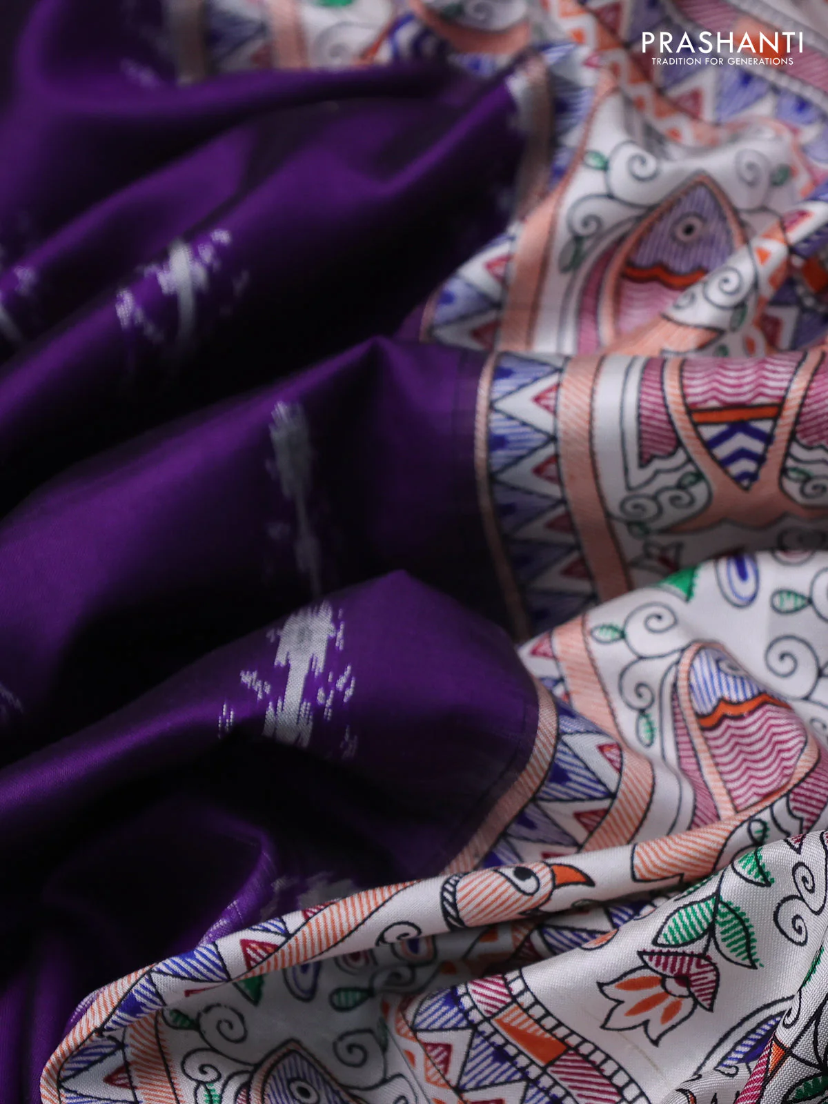 Pochampally silk saree deep violet and cream with allover ikat woven buttas and madhubani prints - Image 3