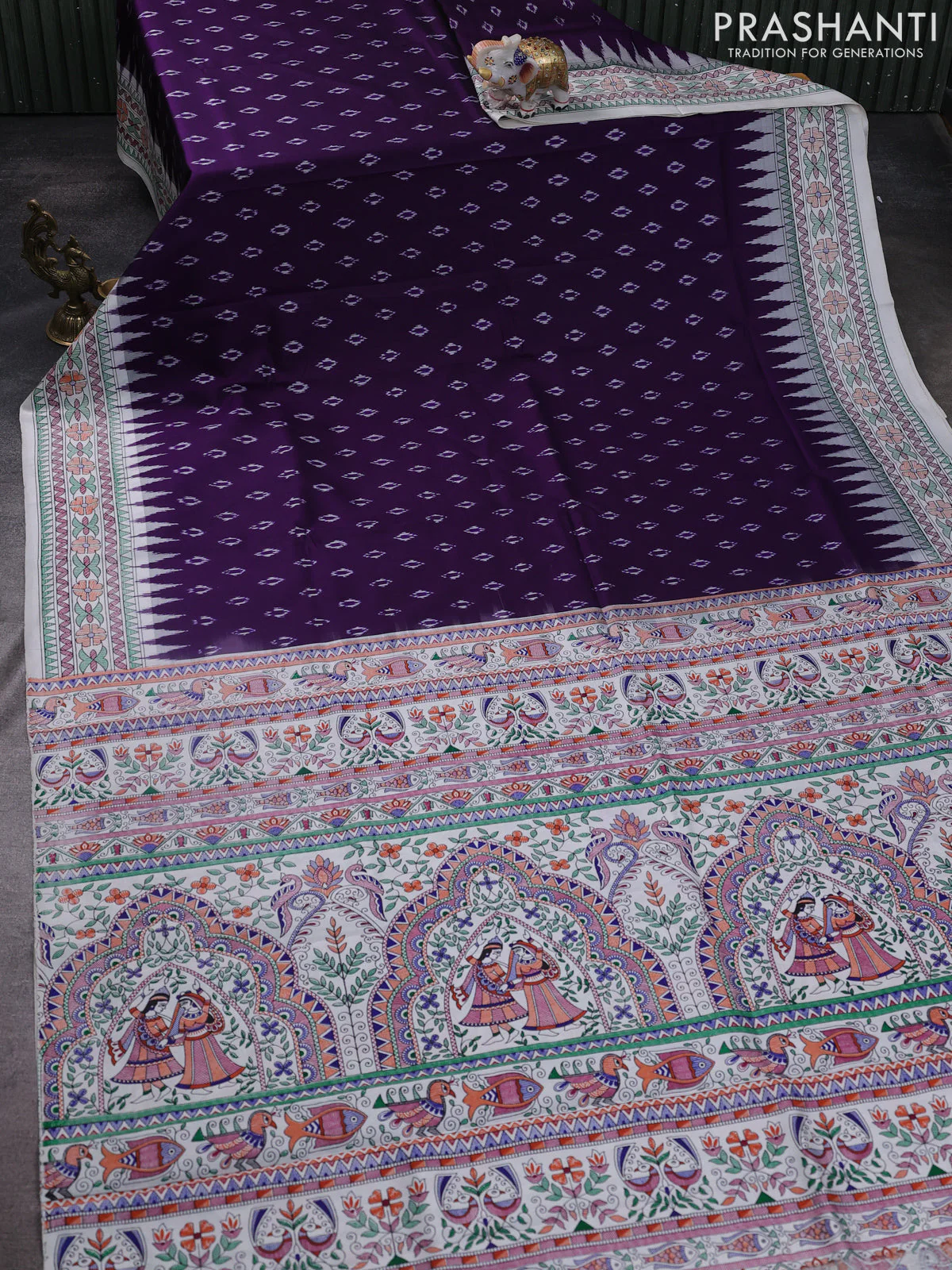 Pochampally silk saree deep violet and off white with allover ikat woven buttas and madhubani prints - Image 2