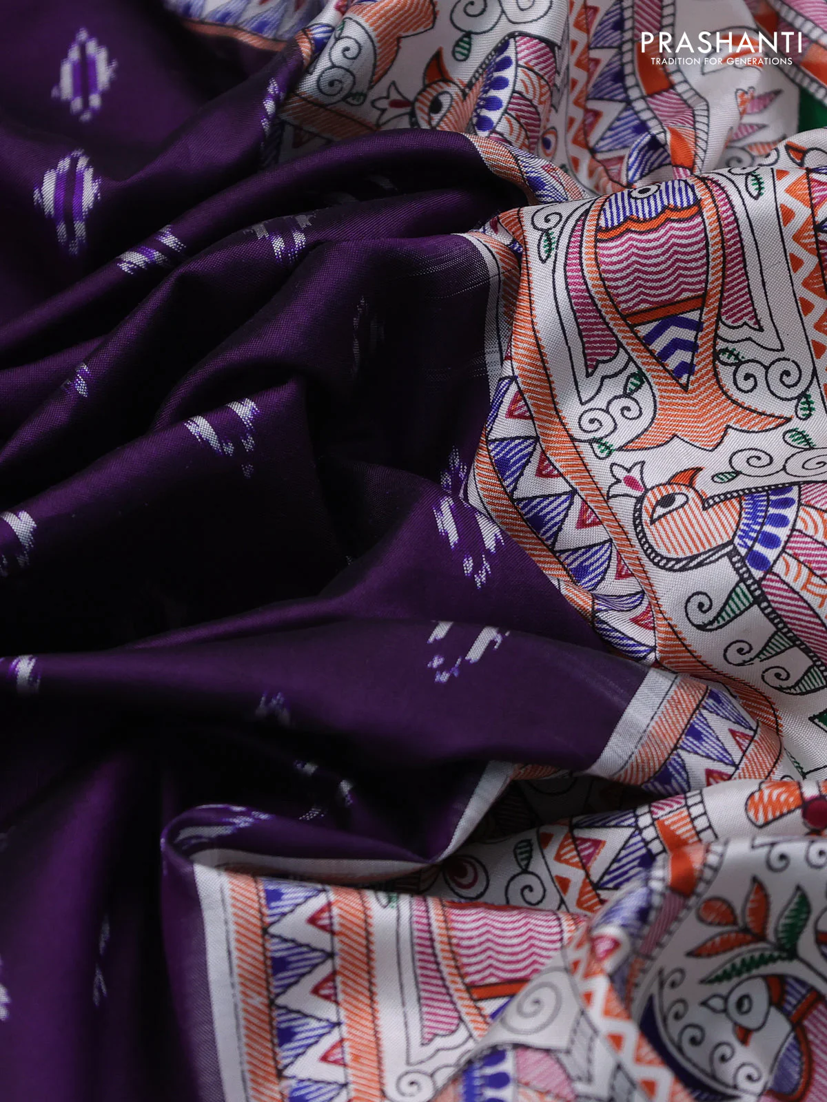 Pochampally silk saree deep violet and off white with allover ikat woven buttas and madhubani prints - Image 3