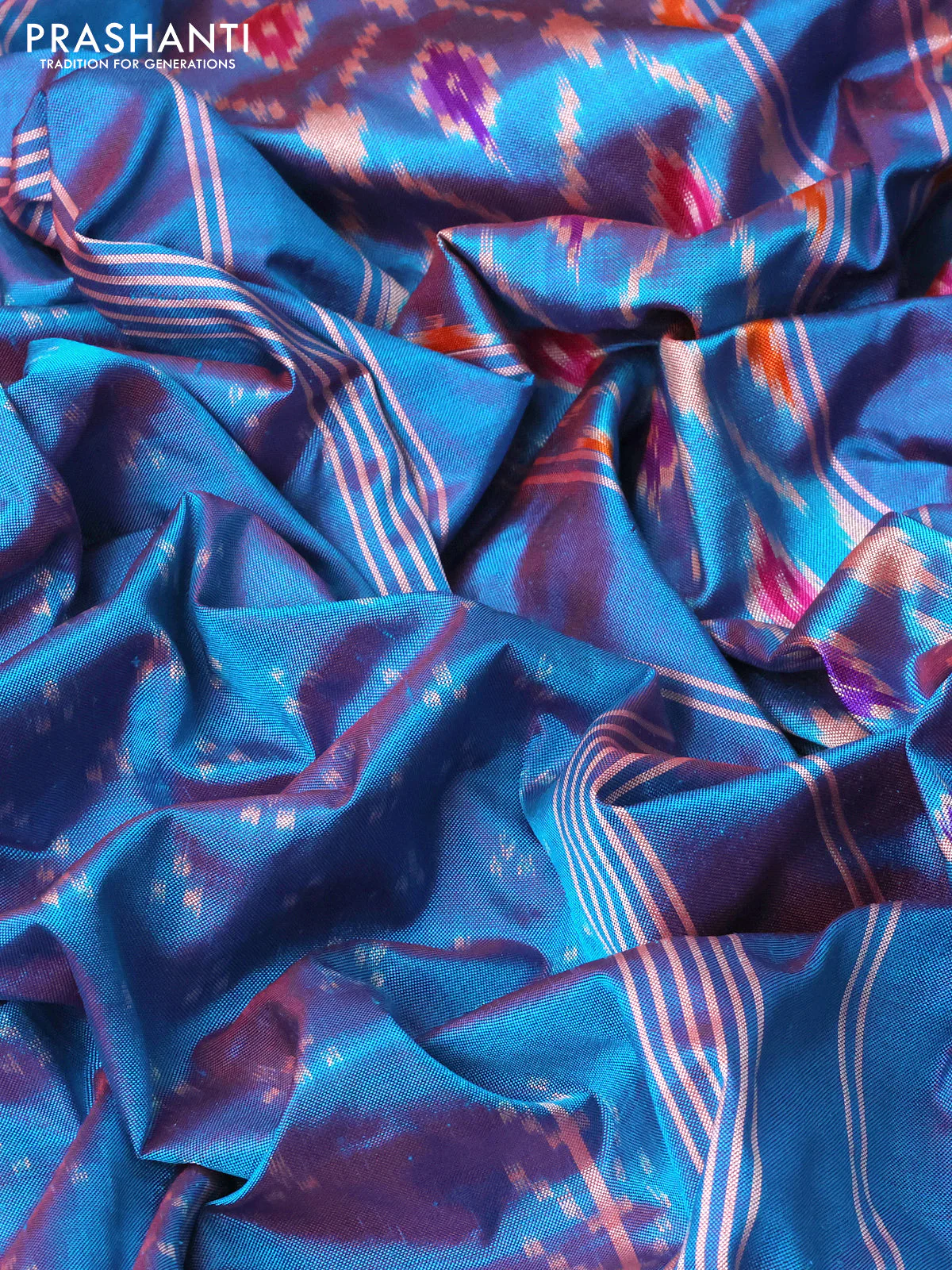 Pochampally silk saree dual shade of cs blue with allover ikat butta weaves and ikat woven border - Image 3