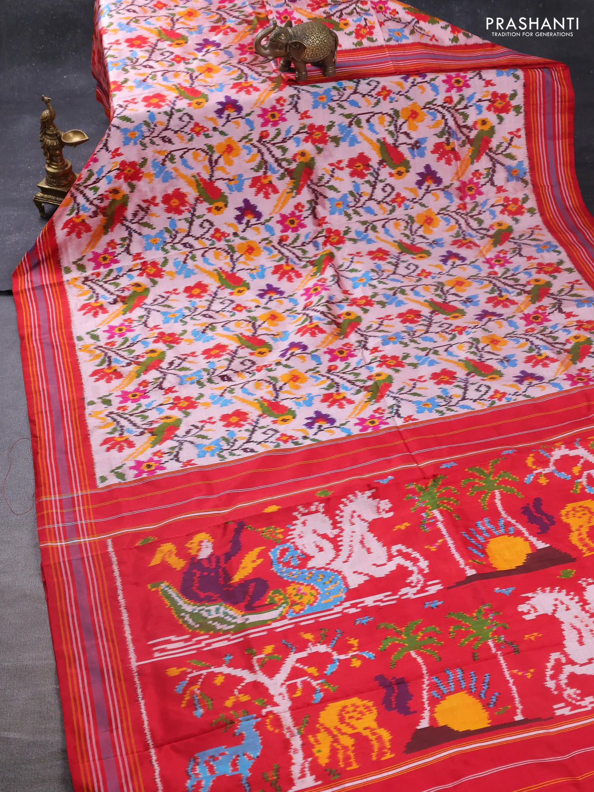 Pochampally silk saree dual shade of red shade and red with allover patola weaves and simple border - Image 2
