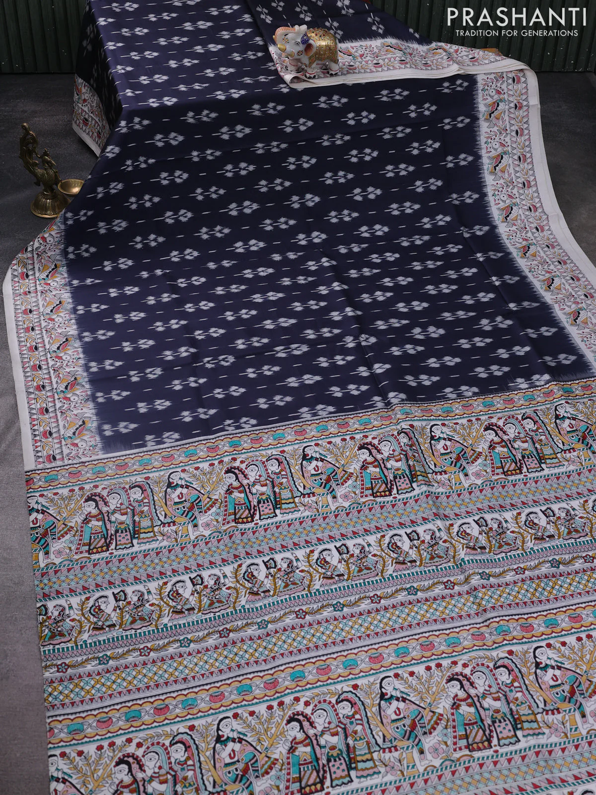 Pochampally silk saree elephant grey and cream with allover ikat woven buttas and madhubani prints - Image 2