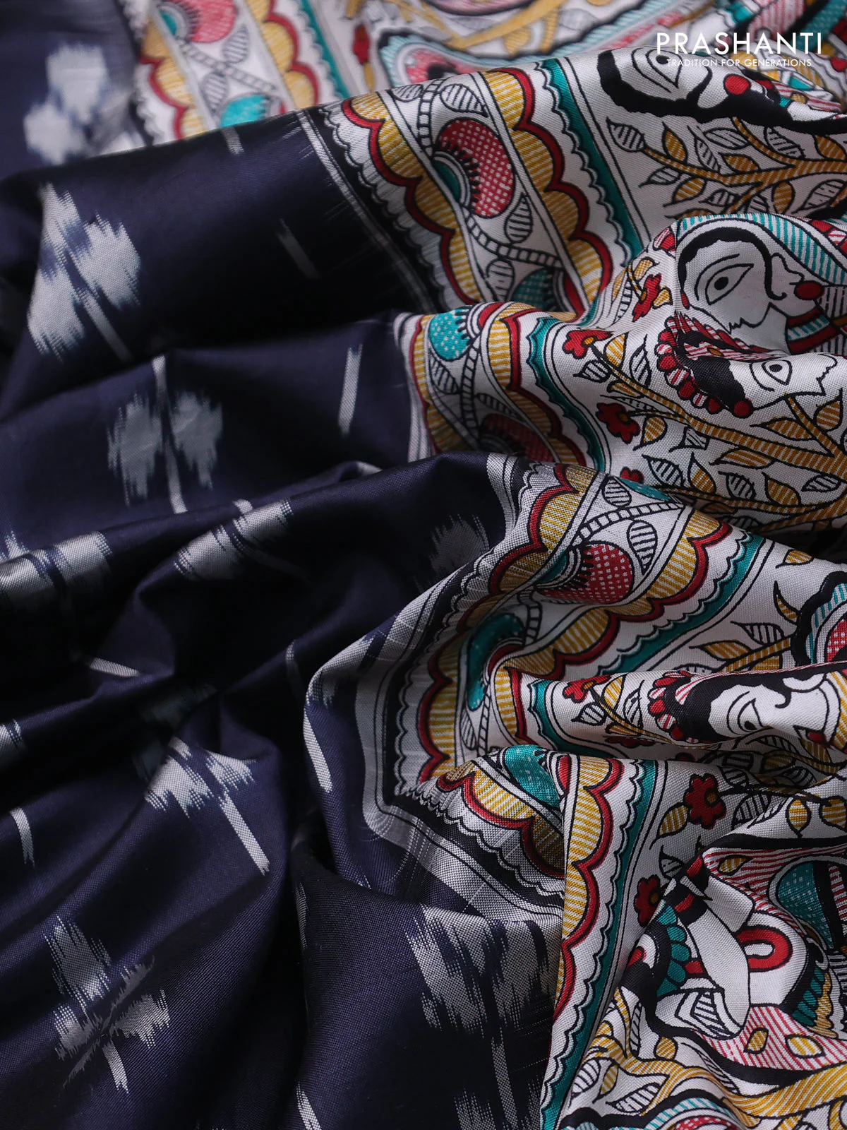 Pochampally silk saree elephant grey and cream with allover ikat woven buttas and madhubani prints - Image 3