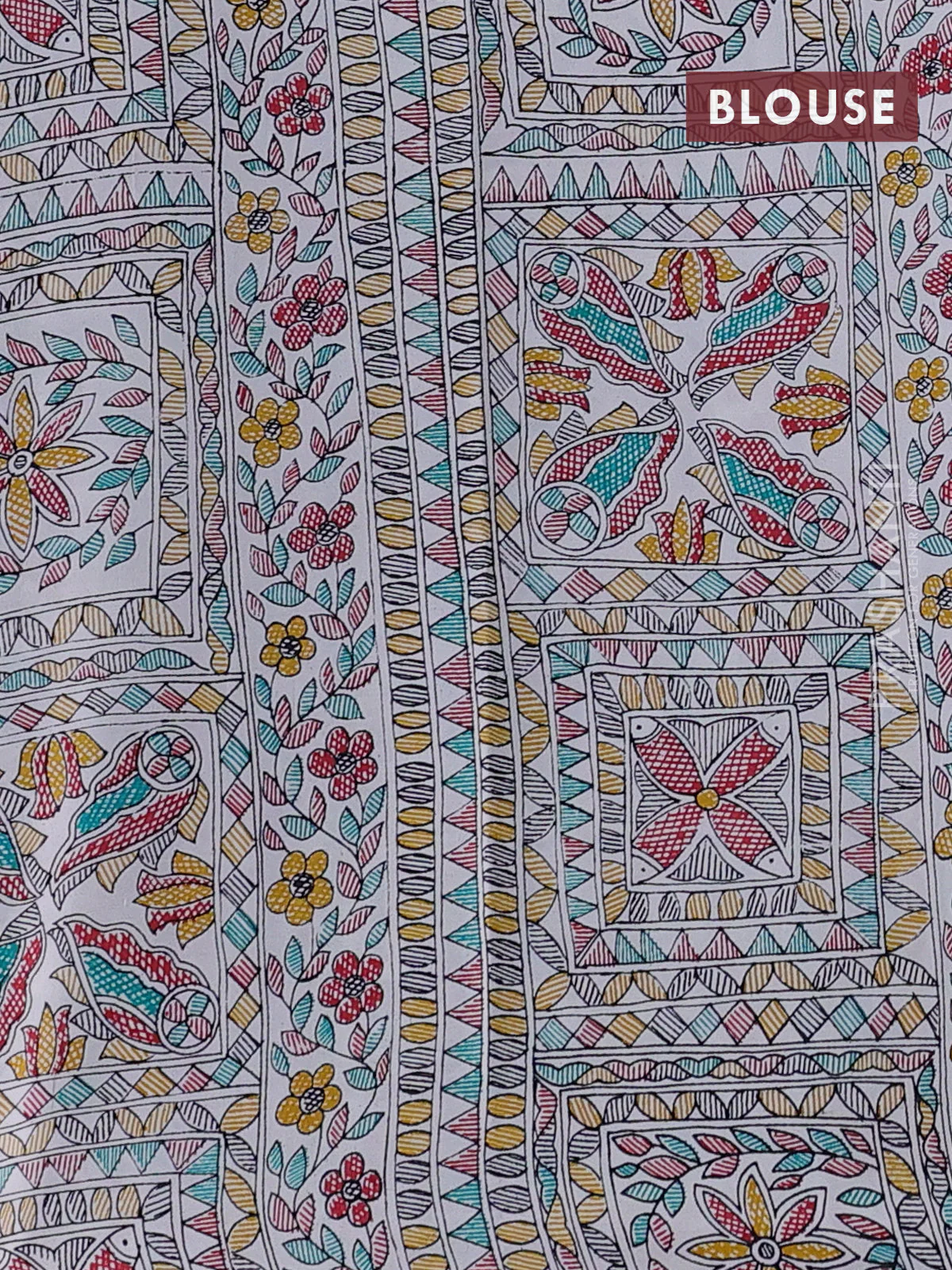 Pochampally silk saree elephant grey and cream with allover ikat woven buttas and madhubani prints - Image 4