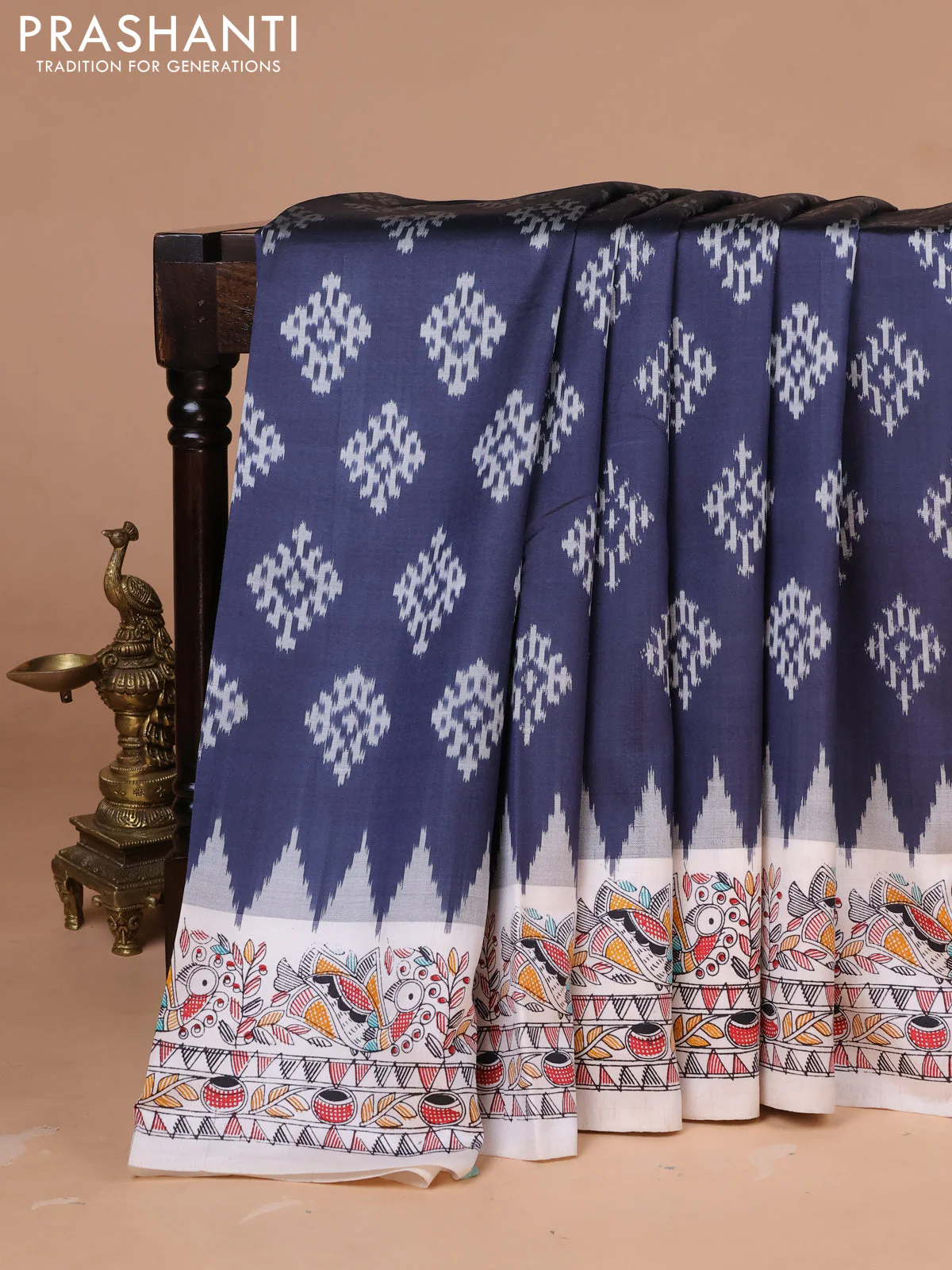 Pochampally silk saree elephant grey and cream with allover ikat woven buttas and madhubani prints