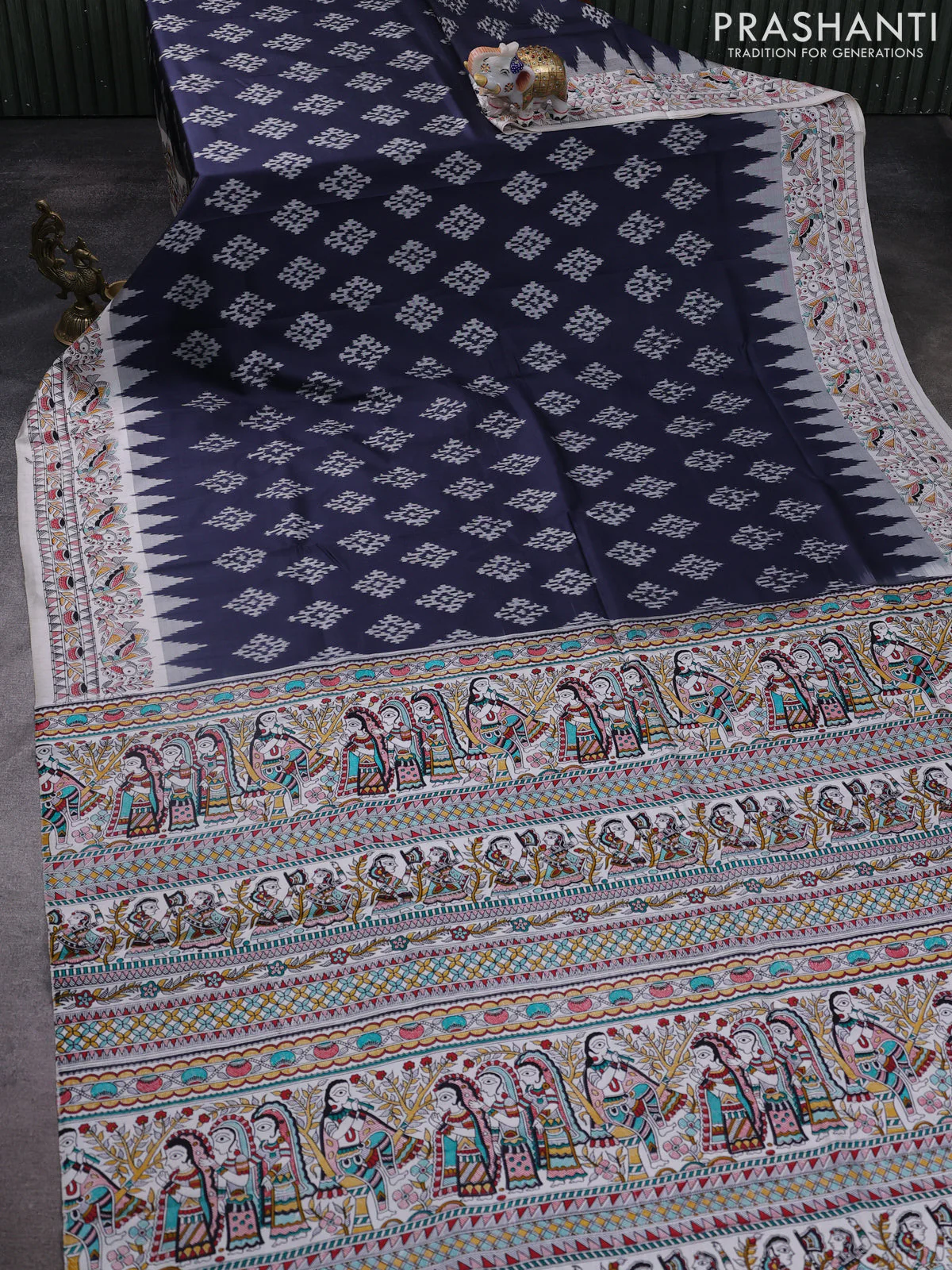Pochampally silk saree elephant grey and cream with allover ikat woven buttas and madhubani prints - Image 2
